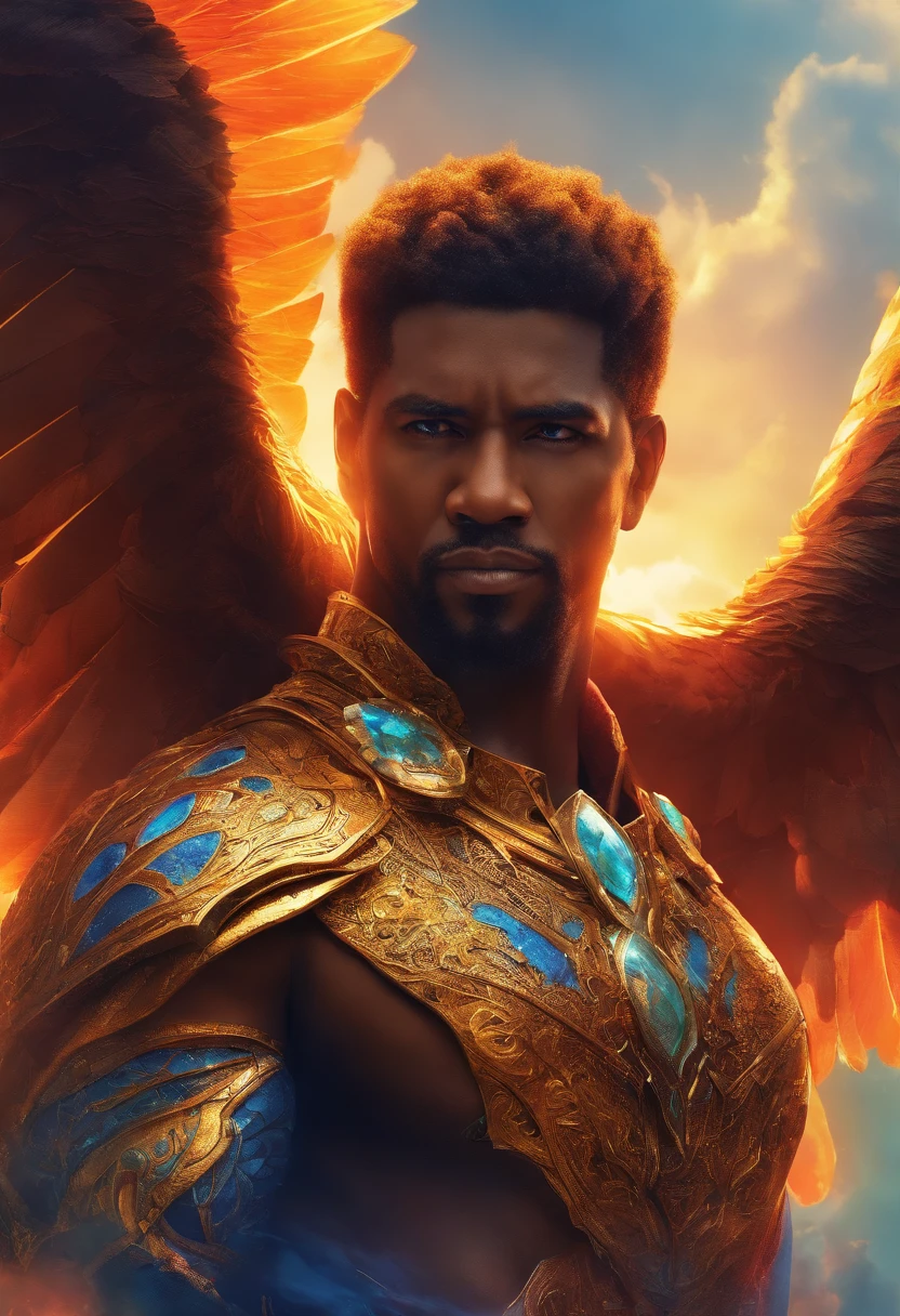 Black Demon Beautiful Male Black Man with Blue and Orange Details, Denzel Washington face, Large Wings, Burning forest in the Background, Vibrant Colors, Full Body, Detailed Face, Denzel Washington, Detailed Hands, Detailed Legs, Detailed Fingers, Detailed Hair, Detailed Eyes, Detailed Skin, Lush Vegetation Blurred Background, Vibrant Colors, Lush Light, Soft Light, Sunset Light, Smooth Light, Symmetrical, Full Body, Reflections, HDR Dynamic Lighting, 8K Resolution,  cinematic film, smooth, sharp focus, realistic, strobe light beams, ((blurred background)):1.7, (((depth of field)) ):1.8, cinestill 800t 35mm, high quality, heavy grain, high detail, cinematic composition, dramatic light, anamorphic, ultra wide lens, hyperrealistic