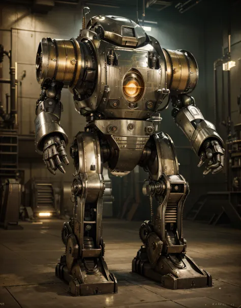 heavy robot Art Deco style metal color, realistic metallic texture, has machine guns instead of hands, they are in an ultra modern factory, pipes, and machinery, ultra realistic, Ultra detailed, Hyper realistic, 4k, Ultra detailed image, realistic, Highly ...
