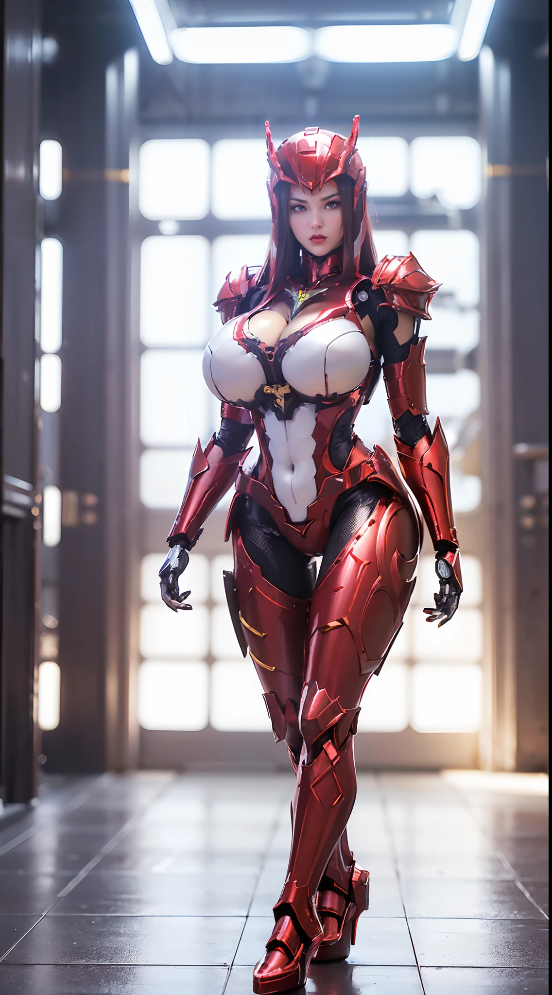 (1GIRL, ALONE, SOLO), (super detailed face), (Phoenix helmet: 1), (BIG BUTTOCKS, 11 LINE ABS, CLEAVAGE, HUGE FAKE BOOBS: 1.5), (MECHA GUARD ARM:1.3), (RED SHINY MECHA CYBER ARMORED, MECHA SKINTIGHT SUIT PANTS, MECHA GUARD ARMOR LEGS, HIGH HEELS:1.5), (THICC MUSCULAR FEMALE BODY, GLOWING SKIN, SEXY LONG LEGS: 1.1), (LOOKING AT VIEWER:1.3), (female focus:0.886), (WALKING DOWN HALLWAY OF FUTURISTIC SPACE STATION:1), (BRIGHT LIGHT WHITE_ROOM:1.3), SUPER TEXTURE, UNREAL ENGINE RENDER, PHYSICALLY-BASED RENDERING, ULTRA HIGHT DEFINITION, 16K, 1080P.