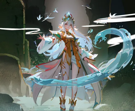 There was a woman in a dress standing in the water, white-haired god, goddess of nature, Onmyoji detailed art, An elf queen, que...