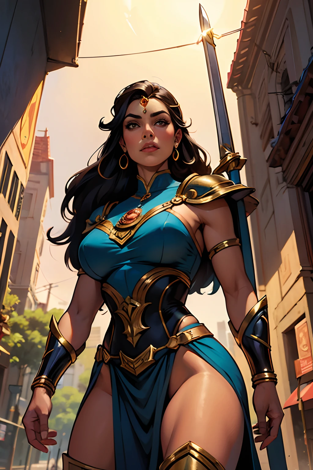 受约翰·布西马启发的艺术,女超级英雄被称为 "亚马逊公主, 一个长黑发的女人, 蓝眼睛, 晒黑、性感的皮肤穿着灵感来自希腊亚马逊服装的制服,相当程式化 (SFW),手持短剑和带有狮子标志的盾牌的威严姿势, 城市大道上细致而精致的艺术.