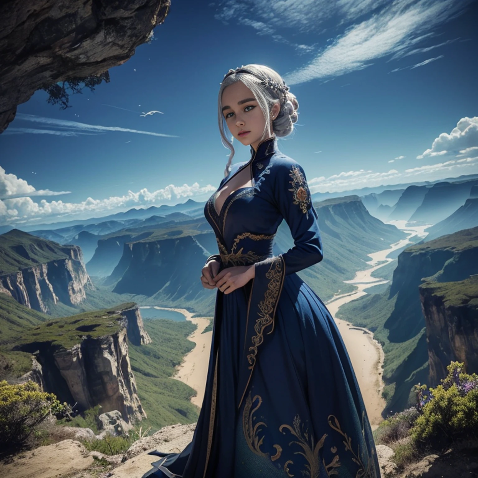 ((best qualityer)), ((Masterpiece artwork)), (detailded), Empress Dragon "Emilia Clarke", realisticeyes, Bblack hair, blue colored eyes, breasts small, ful dressed de setin koreano sensual, evil landscape, ethereal beauty, (Fantasy Illustration:1.3), lovely gaze, captivating pose, solo girl, supernatural charm, mystical sky, moonlit night, subdued colors, (detailed cloudscape:1.3), (high resolution:1.2) (Blue dragon flying in the sky) ful dressed, over a hill, An army passing far into a canyon below.
