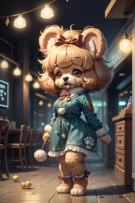 （Woman in party dress）Cartoon Anthropomorphic Toy Poodle Dog、The background is the party venue
