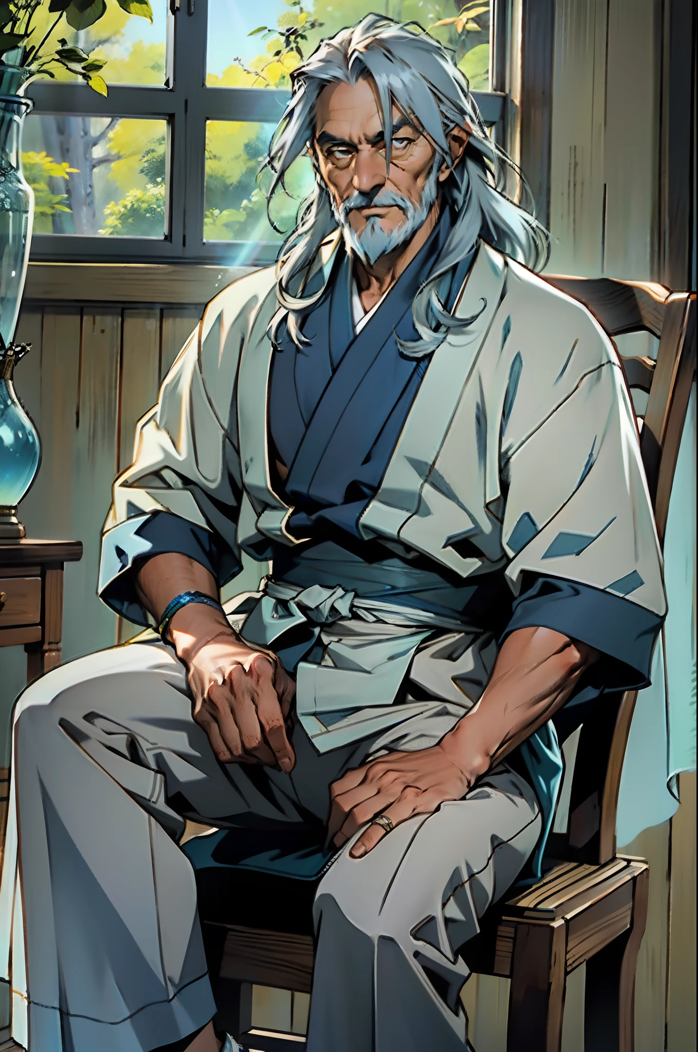 An elderly man with long thick grayish-blue hair, medium length hair, a kindly gaze, a gentle smile, a short neatly trimmed beard, a white fantasy wuxia-style outfit, a long yellow shawl over his shoulders, that shawl covering half of his body, a blue sash around his waist, traditional Chinese trousers, he sits on a wooden chair, in a forest cottage, with sunlight shining through the windows, this character embodies a finely crafted fantasy-style Chinese martial hero in anime style, characterized by an exquisite and mature manga illustration art style, high definition, best quality, highres, ultra-detailed, ultra-fine painting, extremely delicate, professional, anatomically correct, symmetrical face, extremely detailed eyes and face, high quality eyes, creativity, RAW photo, UHD, 8k, Natural light, cinematic lighting, masterpiece:1.5