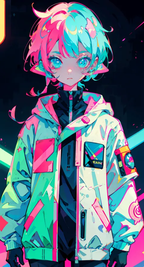anime girl, wearing astronaut suit, neon pink and blue colors, scars, stickers, neon style of whole shot
