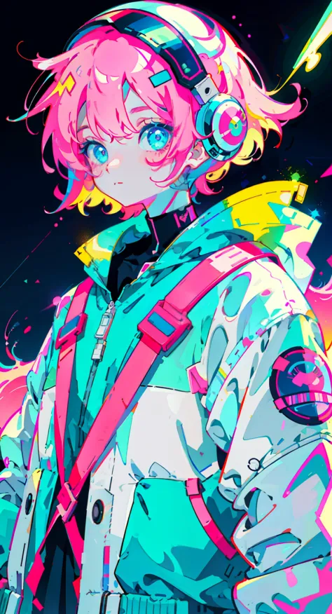 anime girl, wearing astronaut suit, neon pink and blue colors, scars, stickers, neon style of whole shot