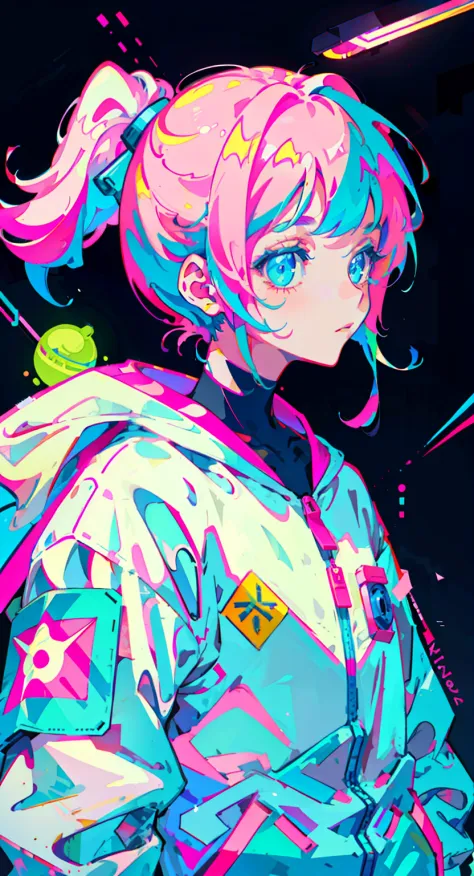 anime girl, wearing astronaut suit, neon pink and blue colors, scars, stickers, neon style of whole shot