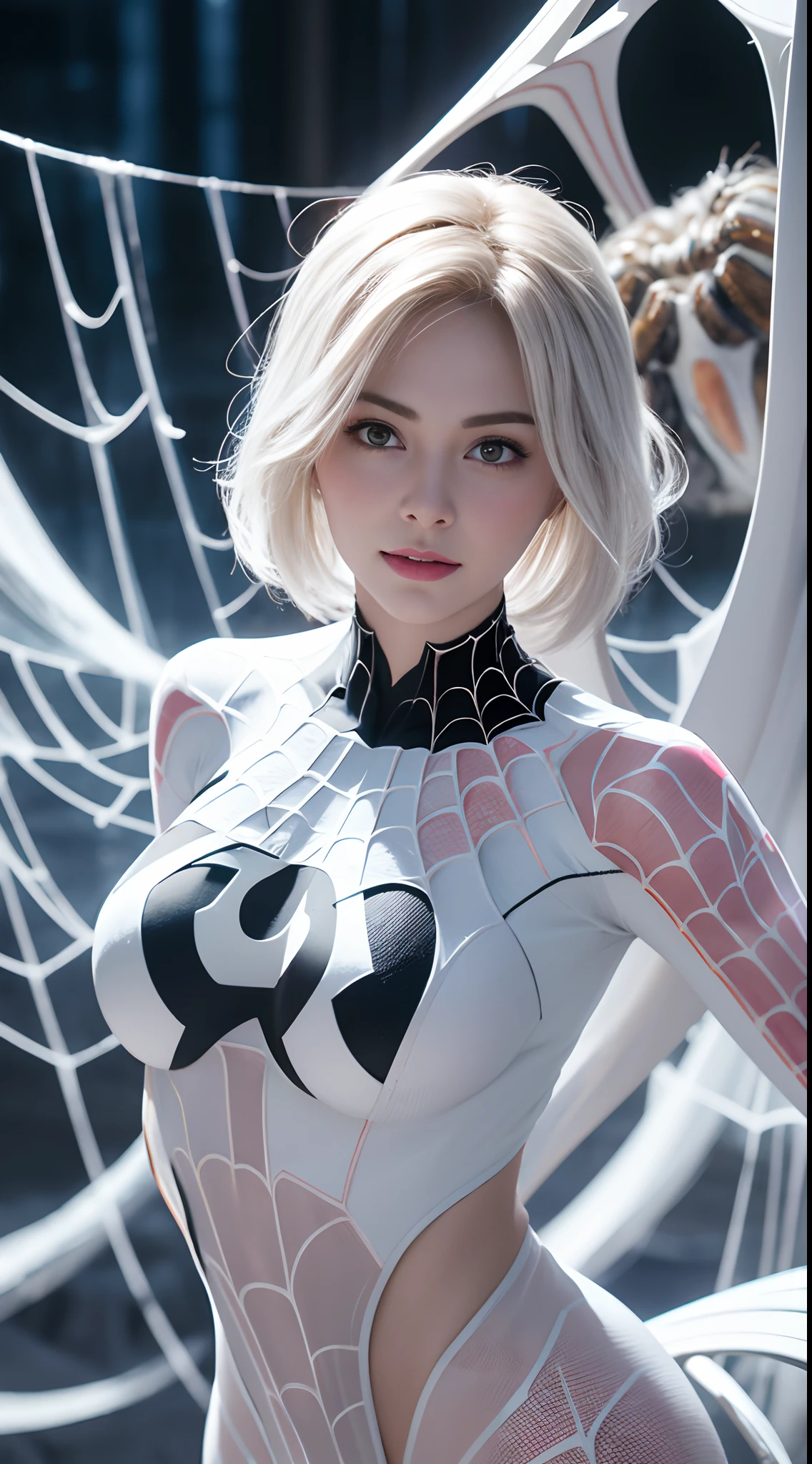 (White superhero theme, charismatic, there&#39;s a girl at the top of town, dressed in the Spider-gwen costume, is a superhero), [ ((25-years old), (long white hair: 1.2), whole body, (blue eyes: 1.2), show of force, jump from one building to another), ((sandy urban environment): 0.8)| (urban landscape, At night, dinamic lights)Hermosos blue eyes claros realistas; beautiful white teeth, happy smile, attractive, Create the most beautiful perfect face in the world at large, hand painted, meticulously detailed, the highest picture quality, 3D 8K, perfect white skin, beautiful appearance, Multicolor Liquid Acrylic, Wet marble body, Michael Garmash, Daniel F. Gerhartz, cinematic lighting, waterfall scene, volumetric illumination, Clean and smooth art, Soft pulp adventure , Ornate patterns, Stylish Organic Frames, surrealism, Masterpiece Collections, realistic colors, Ley Gouache. the highest picture quality, More detailed 8K.unreal engine:1.4,UHD,La Best Quality:1.4, photorealistic:1.4, skin texture:1.4, Masterpiece:1.8,first work, Best Quality,object object], (detailed face features:1.3),(spider gwen:1.4)