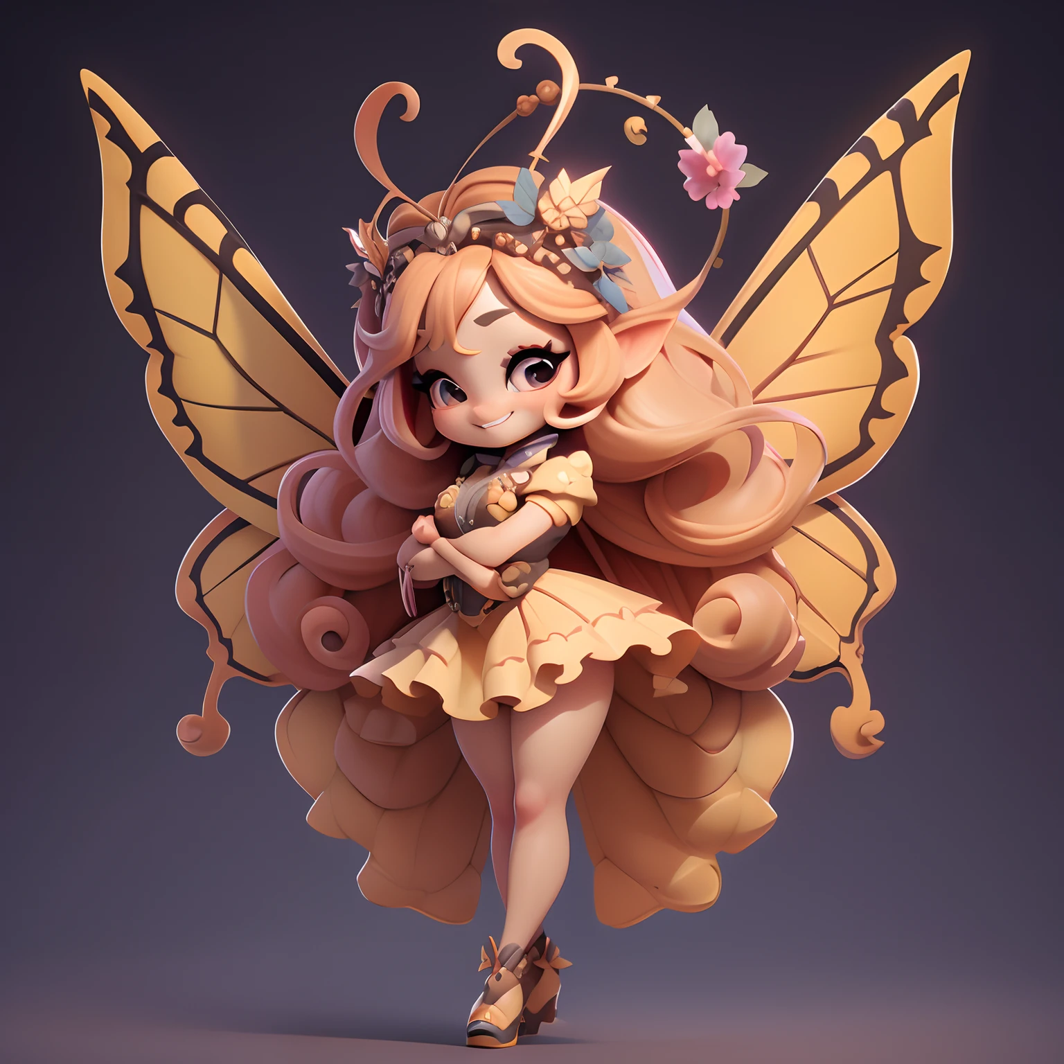 Obra maestra, mejor calidad, una linda niña mariposa monarca chibi sonriendo, Grandes alas de mariposa, Volador, (((cuerpo completo))), (((alas completas))),