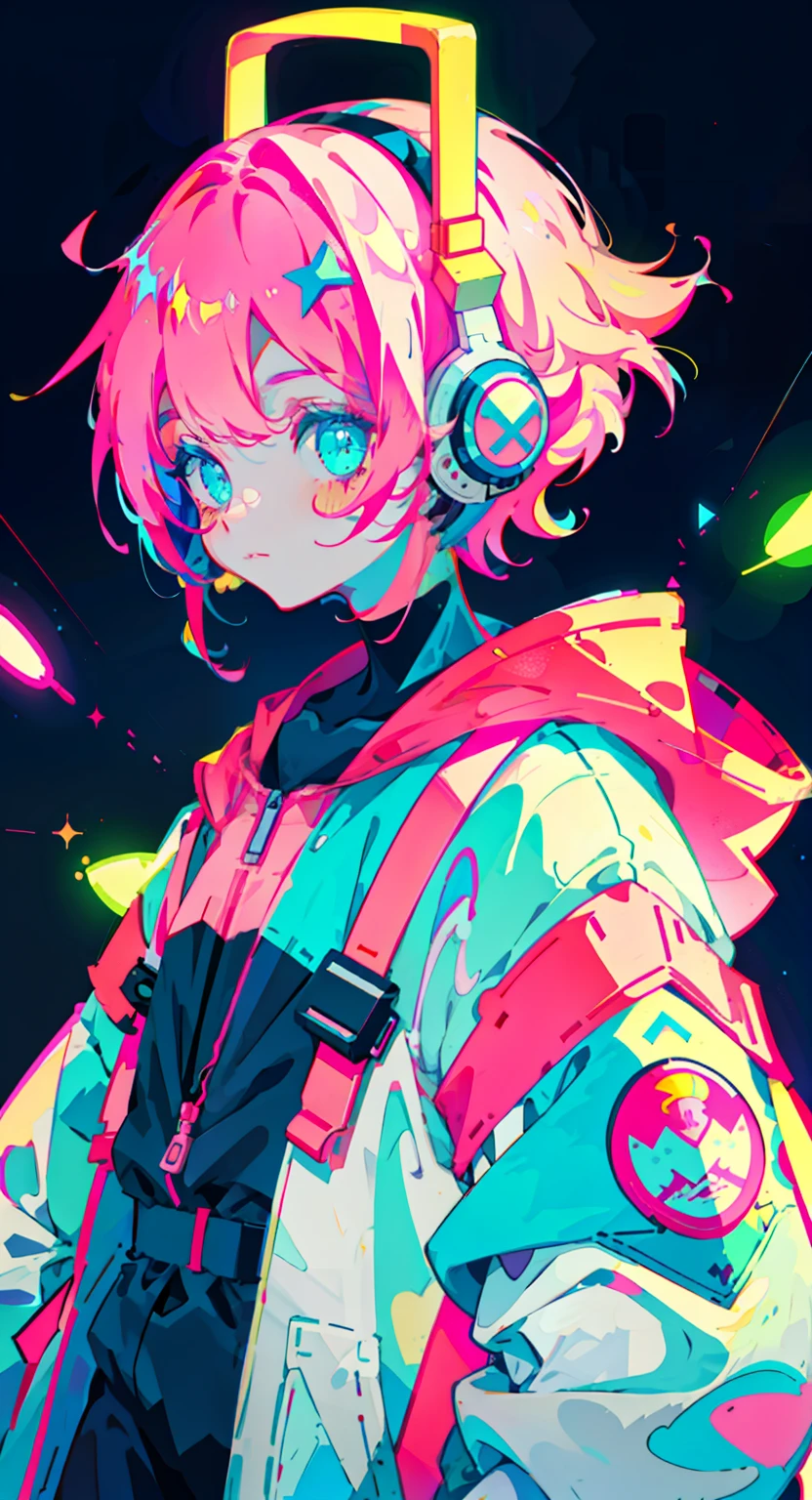 anime girl, wearing astronaut suit, neon pink and blue colors, scars, stickers, neon style of whole shot