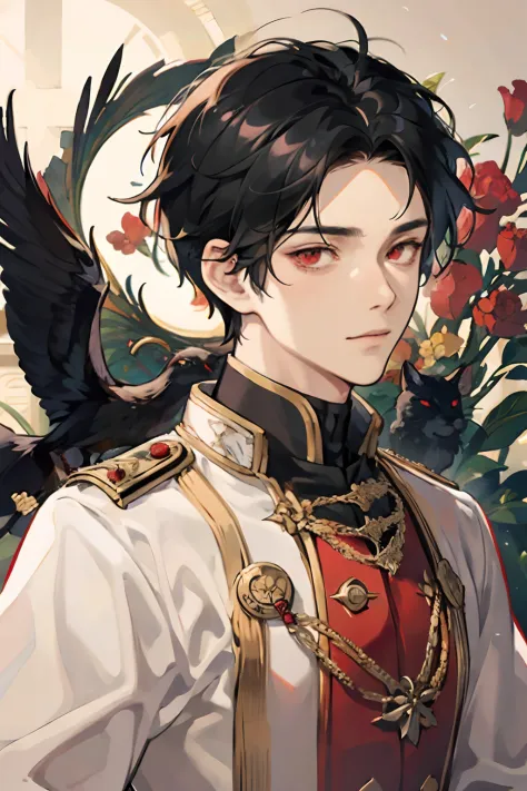 A man in an emperor's uniform, with black hair and red eyes