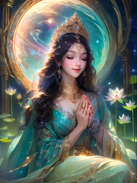 top-quality，tmasterpiece：1.2，Detailed details，Beautiful young goddess，gently smiling. She clasped her hands in prayer meditation...