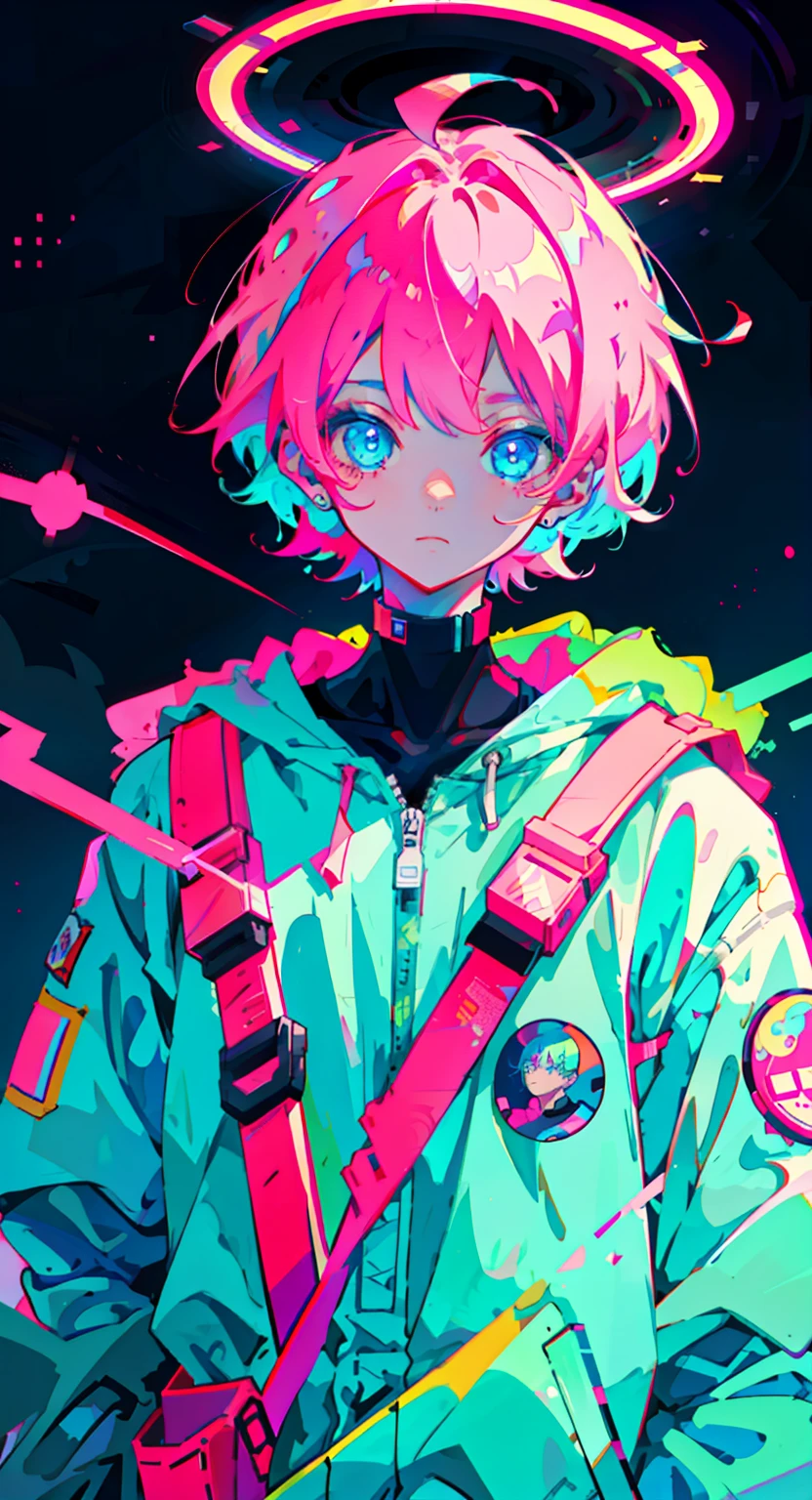anime boy, wearing astronaut suit, neon pink and blue colors, scars, stickers, neon style of whole shot