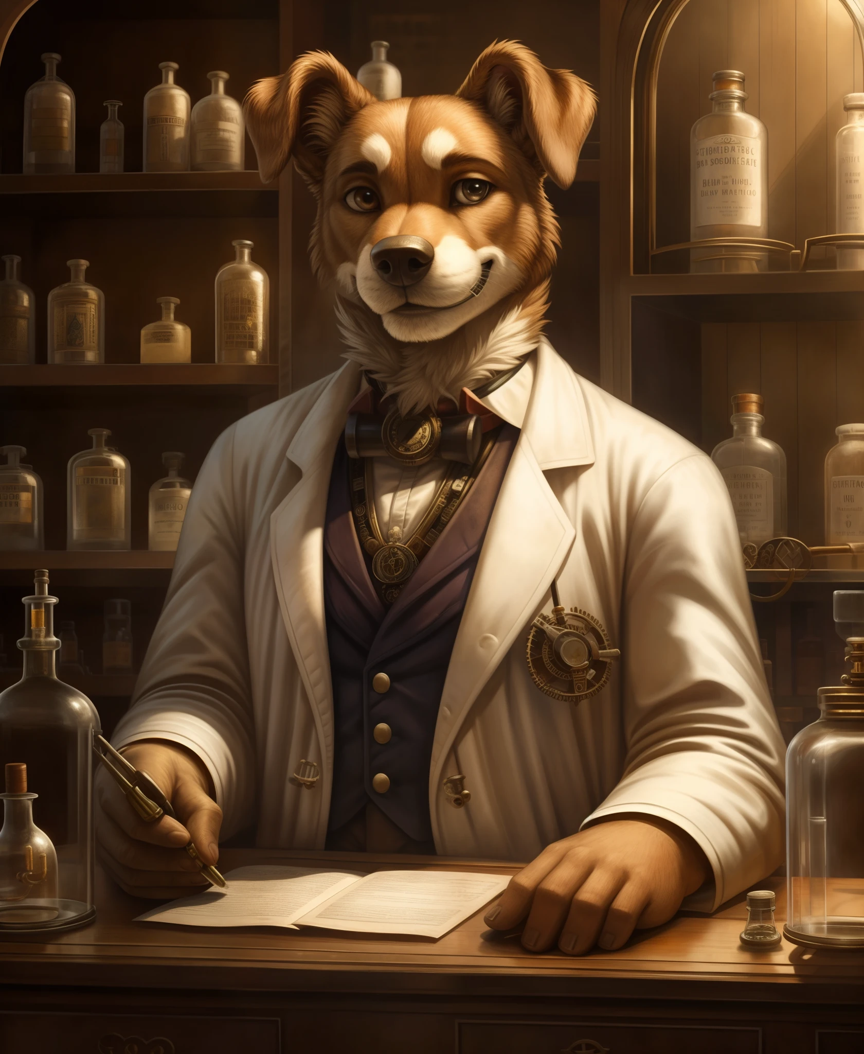 close-up portrait, dog wearing lab coat in a 19th century pharmacy shop interior, steampunk art, global illumination, pose, smile, high detailed, [[Dan Mumford:Andy Kehoe:0.5]:Greg Simkins:0.6], cinematic, complex background