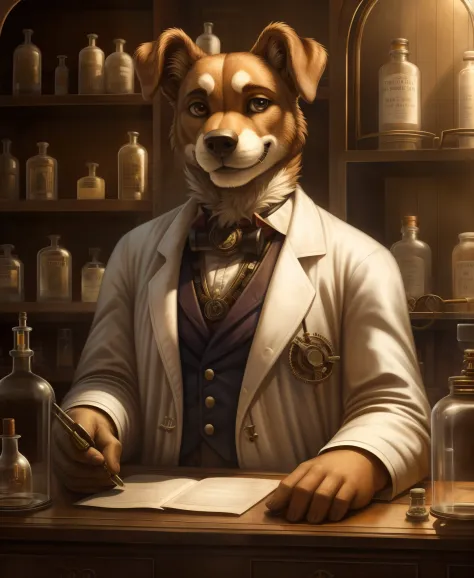 close-up portrait, dog wearing lab coat in a 19th century pharmacy shop interior, steampunk art, global illumination, pose, smil...