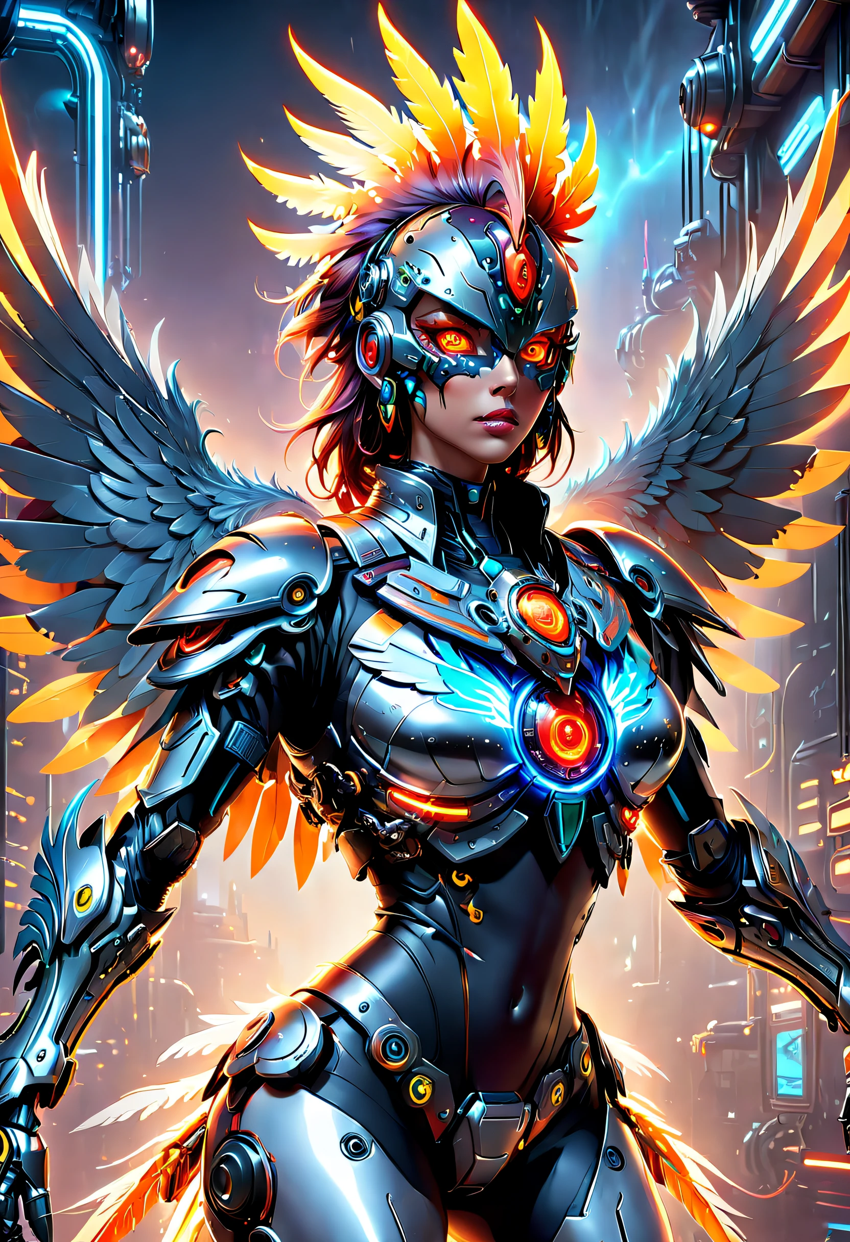 (Best quality, 8K, A high resolution, tmasterpiece:1.2), （Ultra-detailed), (Cybertron futuristic mechanical Gallic rooster), full bodyesbian, dreamy glow，luminous neon lights，Cyberpunk high-tech mechanical parts,Metal claws and wings,Metal heads and pecks,Metal feathers,Extremely cool,Metal legs,Bionic eye,Detailed feather design,sharp beak,hovers in mid-air,Electric red and bright orange,Vivid glowing eyes,Reflective metal surface,Interlocking mechanical gears,Dynamic and stylish design,motion blur effect,meticulous craftsmanship,Sci-fi atmosphere,Streamlined aerodynamic shape,Laser scanning pattern,holographic projections,Light-emitting circuit lines,hauntingly beautiful,Otherworldly precision,Advanced sensors,Complex algorithms,Ominous and mysterious atmosphere,electric sparks,Shiny chrome plating,Futuristic propulsion system，solo，Medium shot，concept-art, Fantasy theme,voluminetric lighting, Global illumination, Reflection, hyper HD，The light is bright，RGB colors，vibrant with colors, mecha musume，McCorg gear，cyber punk style