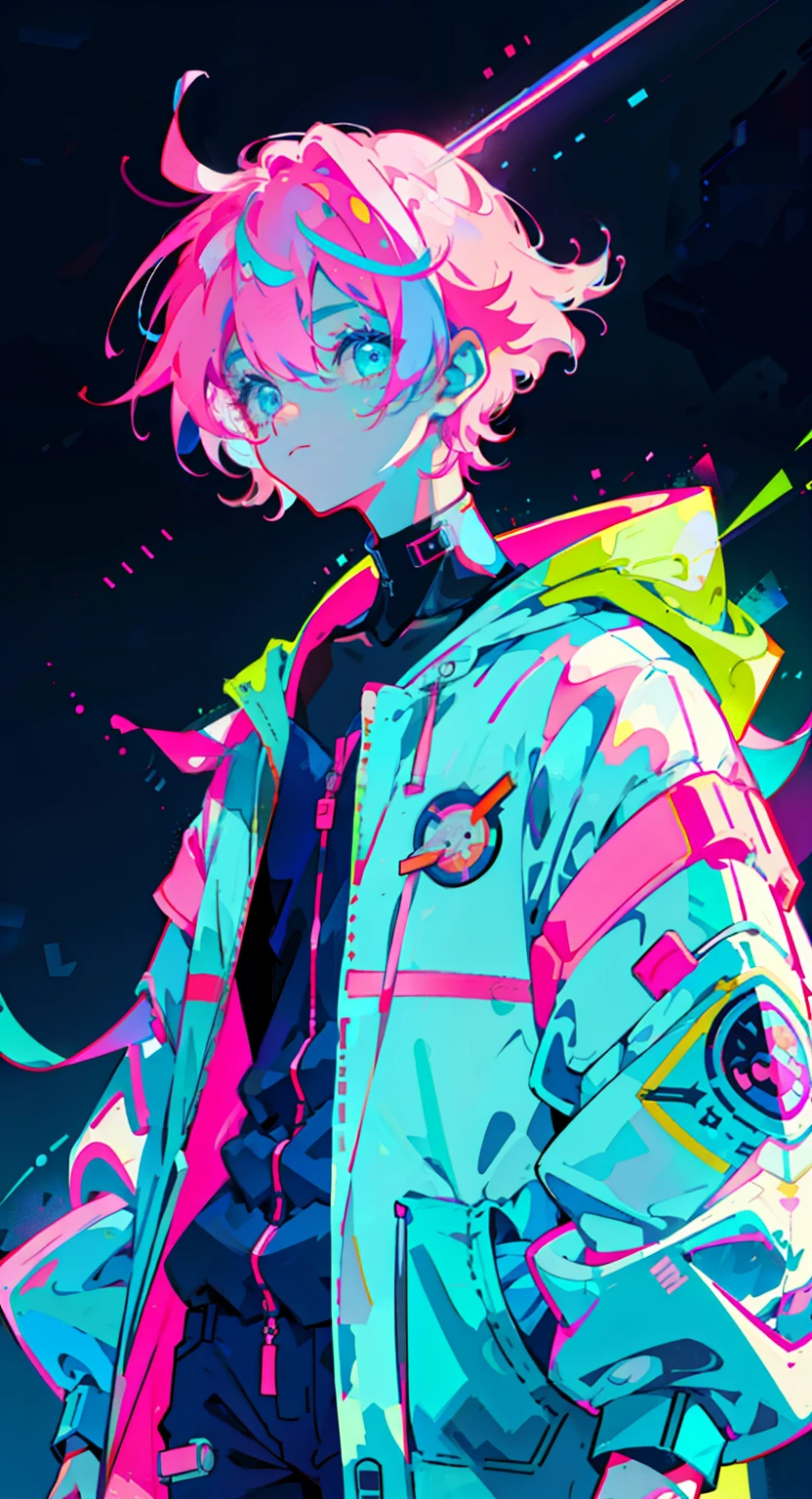 Anime Junge, im Astronautenanzug, neonblaue Haare, und rosa Farben, Narben, Aufkleber, Neon-Stil der gesamten Aufnahme, Coole Pose