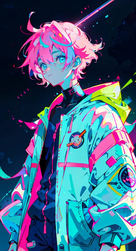 anime boy, wearing astronaut suit, neon blue hair, and pink colors, scars, stickers, neon style of whole shot, cool pose