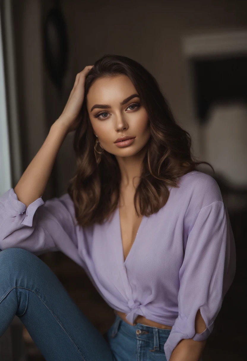 A woman sitting on a window sill wearing a purple shirt and jeans - SeaArt  AI