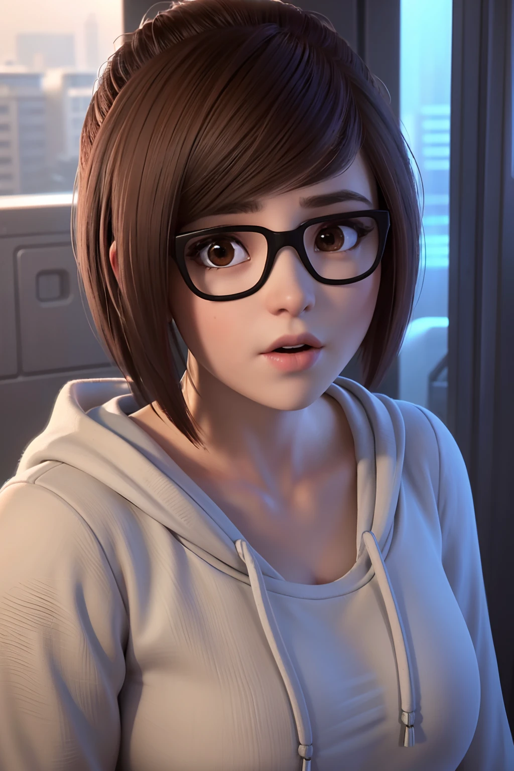 realistic, realism, photorealism, photo-realistic, high contrast, (photorealistic:1.4), 8k high definition detailed realistic,  (best quality, masterpiece:1.2),  photon mapping, radiosity, physically-based rendering, best quality, highly detailed, 1girl, owmei, fat, hoodie, ((upper body)), pajamas,