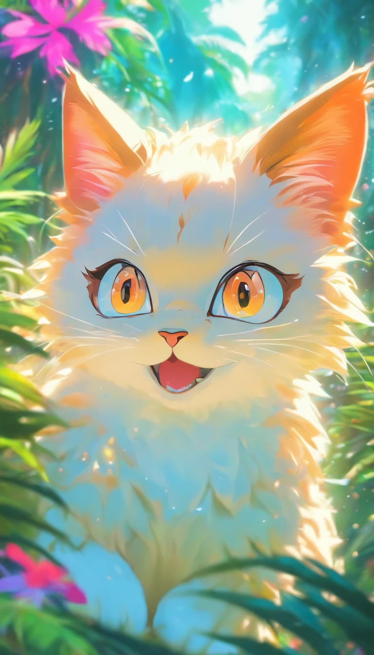 Very cute furry white tropical punk kitten，eyes large，field of flowers，Full body esbian，bocchi，Happily，professional light，Faraway view，depth of fields，8k，High-angle wide-angle view，professional photoshoot，rendering by octane，best qualityer，tmasterpiece，