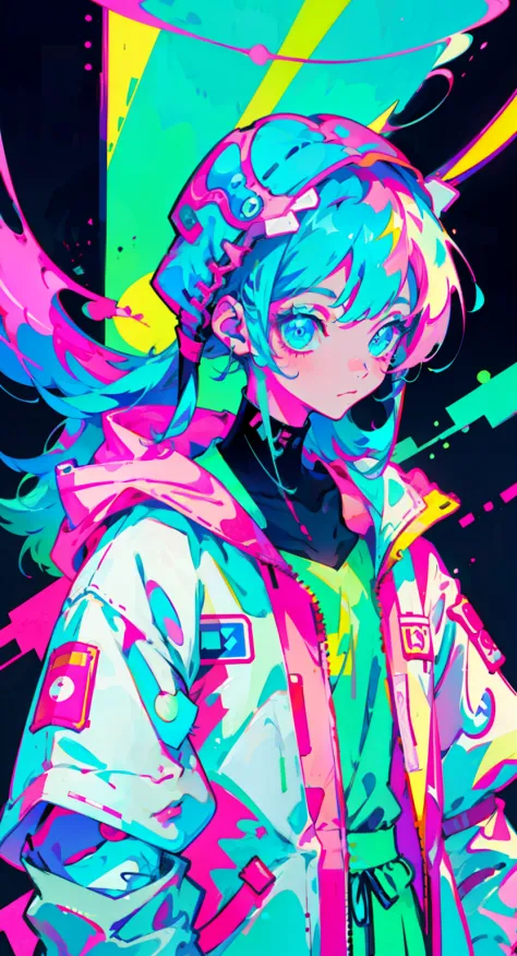 anime girl tied long hair, wearing astronaut suit, neon blue hair, and pink colors, scars, stickers, neon style of whole shot, c...