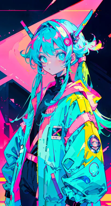 anime girl tied long hair, wearing astronaut suit, neon blue hair, and pink colors, scars, stickers, neon style of whole shot, c...