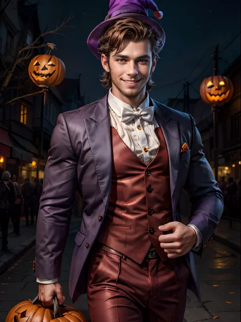 A handsome man, charming smile, dressed as a halloween clown