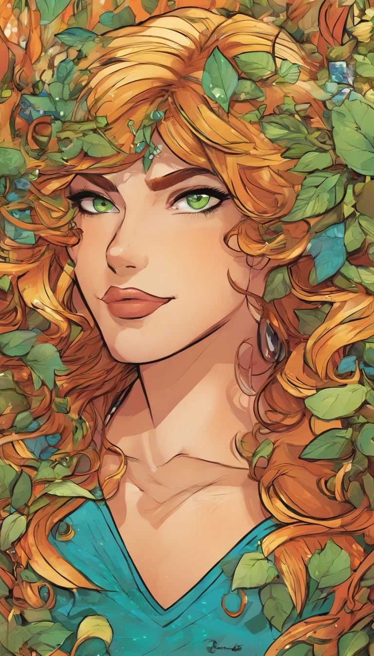 A woman with long red hair and green eyes is surrounded by leaves - SeaArt  AI