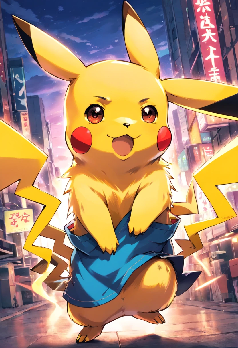 Playful and cute Pikachu，Lively and agile，Pikachu has a large area of traditional tattoos on his body，Tattooed flower arms，Upper body tattoos，Yellow and soft hair，Red blush，Size, Twinkle eyes，Cute pointy ears。(Pikachu:1.5),