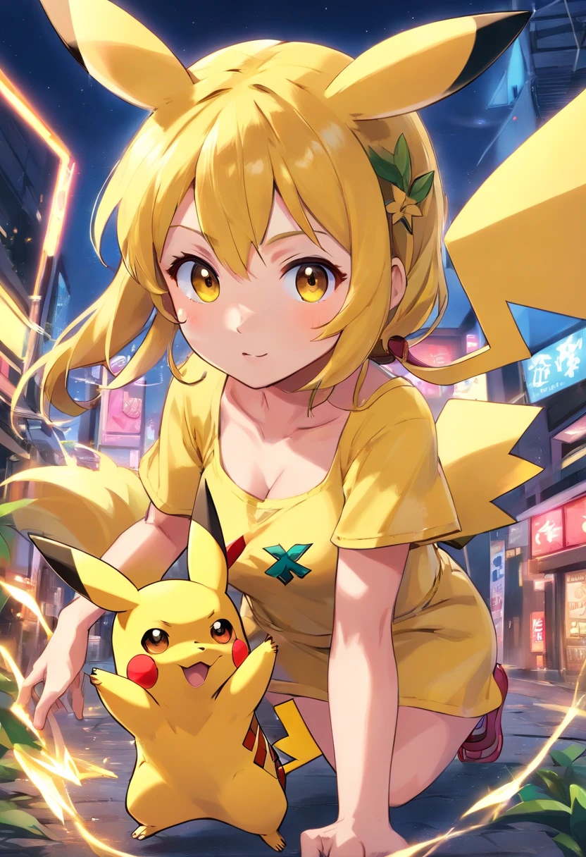 Playful and cute Pikachu，Lively and agile，Pikachu has a large area of traditional tattoos on his body，Tattooed flower arms，Upper body tattoos，Yellow and soft hair，Red blush，Size, Twinkle eyes，Cute pointy ears。(Pikachu:1.5),