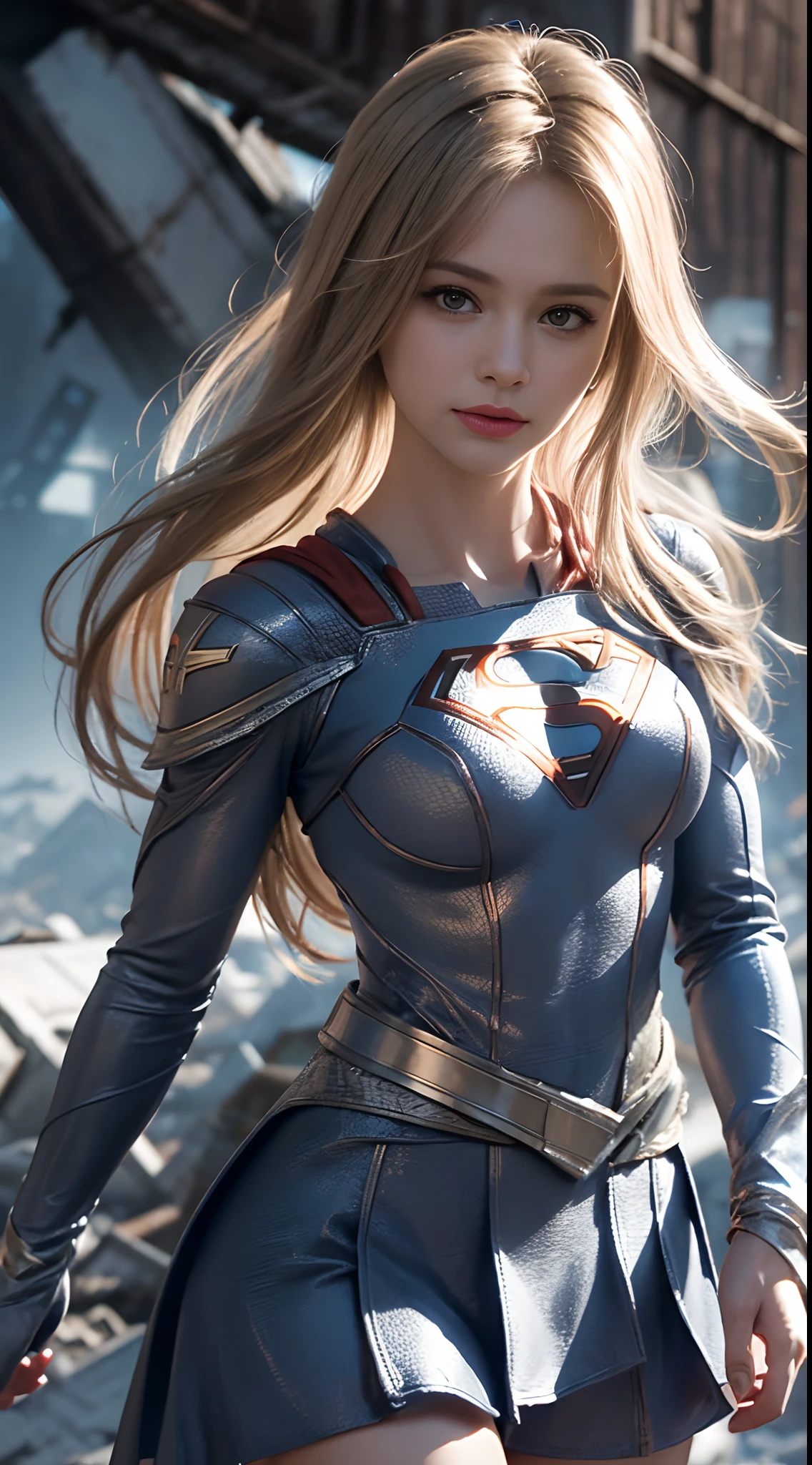 (White Superhero Theme Supergirl),( Apocalyptic destroyed city:1.4),(Supergirl:1.4), (gray white hair ),More detailed 8K.unreal engine:1.4,UHD,La Best Quality:1.4, photorealistic:1.4, skin texture:1.4, Masterpiece:1.8,first work, Best Quality,object object], (detailed face features:1.3), (detailed hands:1.4),