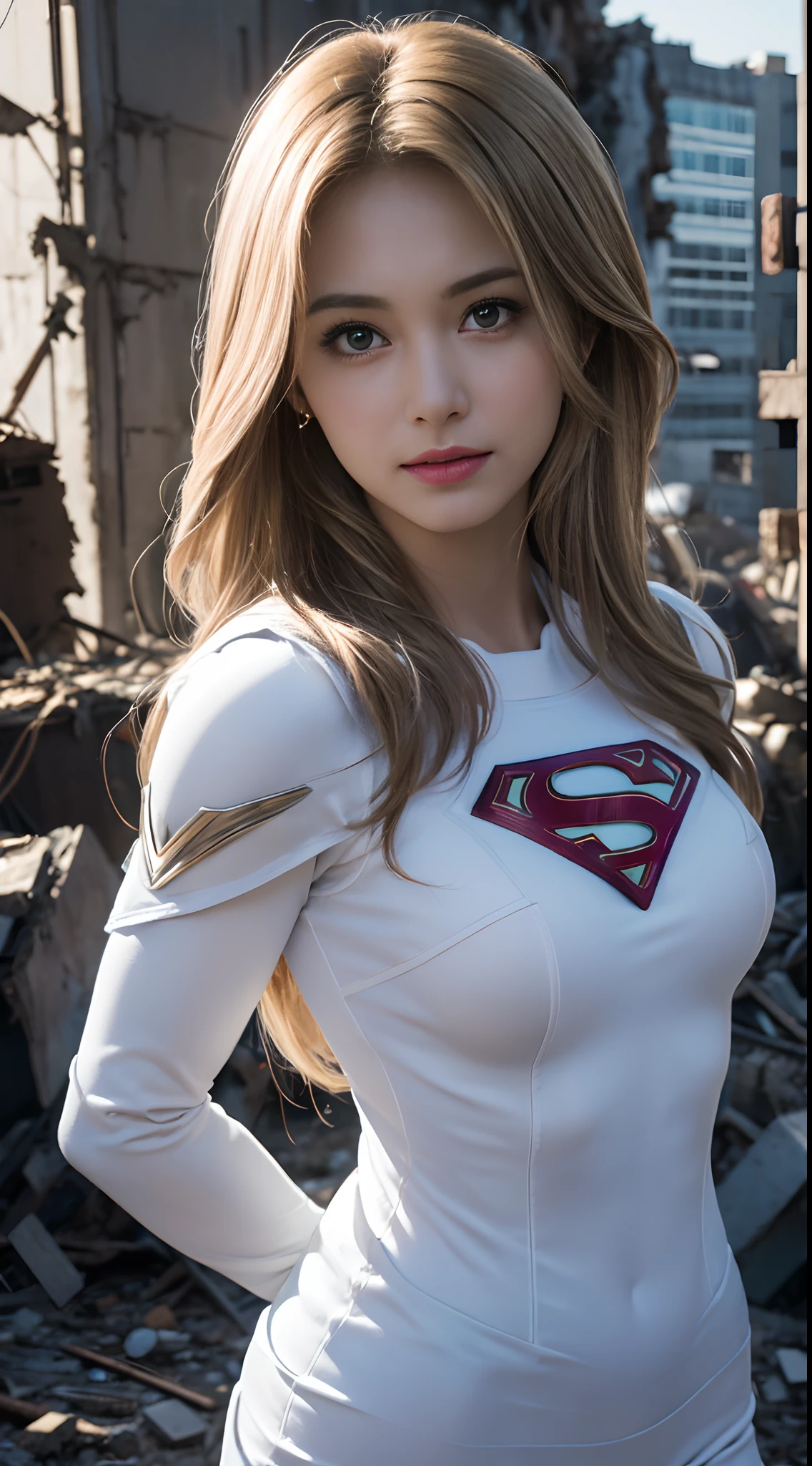 (White Superhero Theme Supergirl),( Apocalyptic city destroyed:1.4),(superchica:1.4), (gray white hair ),More detailed 8K.unreal engine:1.4,UHD,La Best Quality:1.4, photorealistic:1.4, skin texture:1.4, Masterpiece:1.8,first work, Best Quality,object object], (detailed face features:1.3), (Detailed hands:1.4),