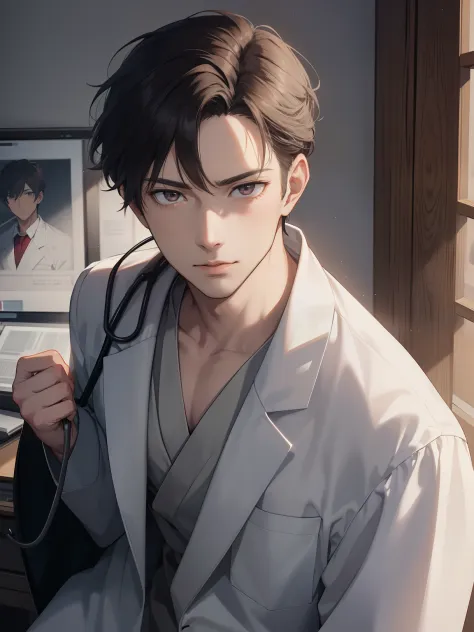 High quality, Masterpiece, 25 age old，Anime male doctor，Brown bottom cut, Handsome and tall, wearing a white doctor's robe，Black...