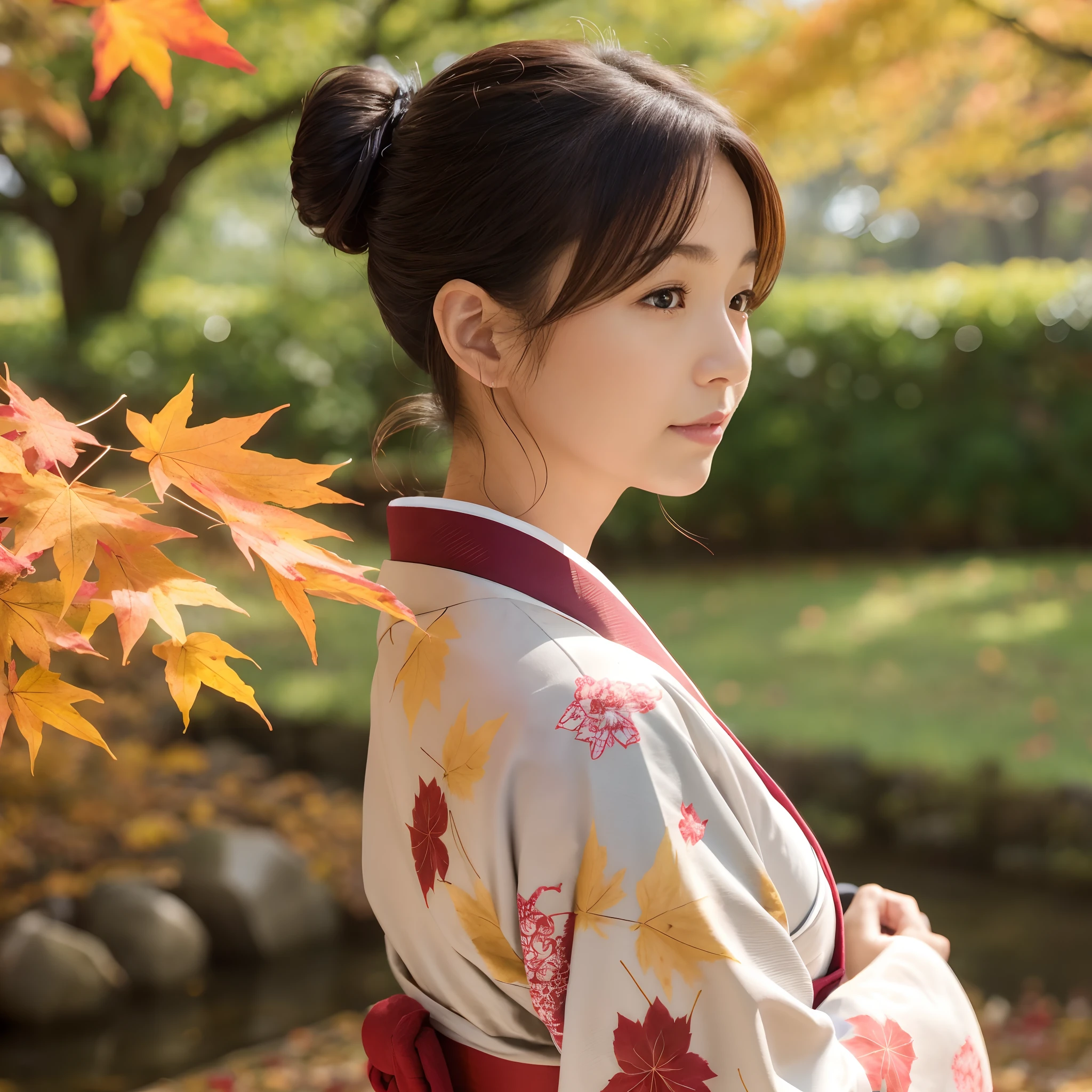 40多岁女性、穿上干净的日本和服、頭髮豎起來了、秋天的樹葉在背景中、