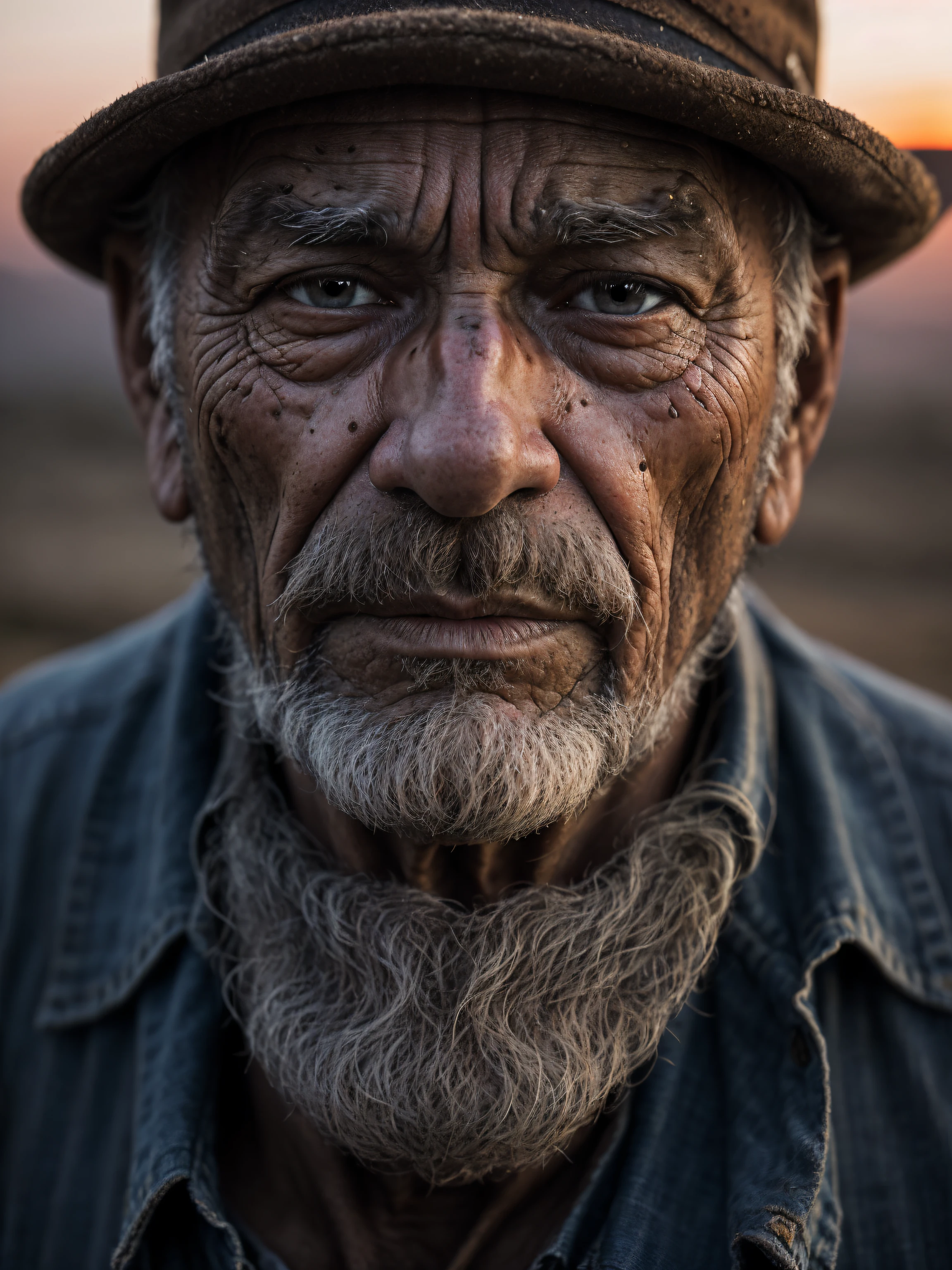 photo portrait émotionnel d&#39;un vieil homme vêtu de vêtements bluesman robustes, affronter, regarder le spectateur, portrait, (pores de la peau:1.2), (taupes:0.8), (peau imparfaite:1.1), détails complexes, chair de poule, flawless affronter, Cinématique, sombre, couleurs sourdes, atmosphère, ((Objectif macro)), coucher de soleil