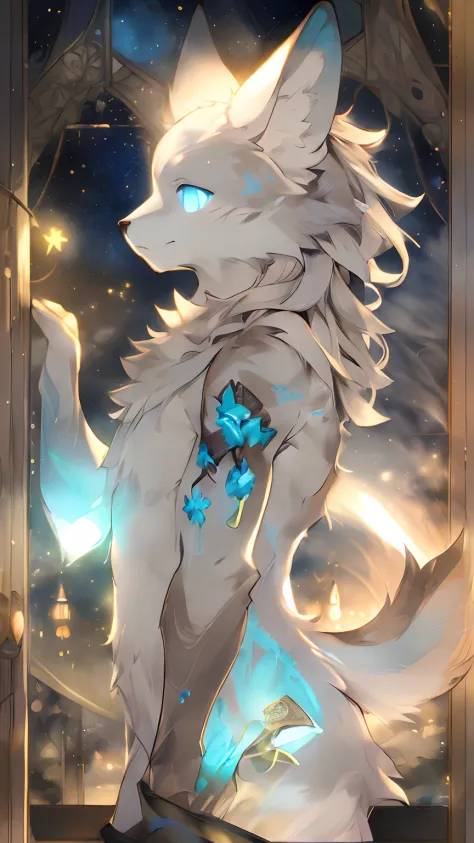 best quality, highres, ultra-detailed,a
 realistic prompt, furry kemono boy, Hoodia, black,There is a picture of a blue flower on the shoulder, Standing on the balcony, night, moonlight, silver reflections, soft breeze, contemplative expression, glowing ey...