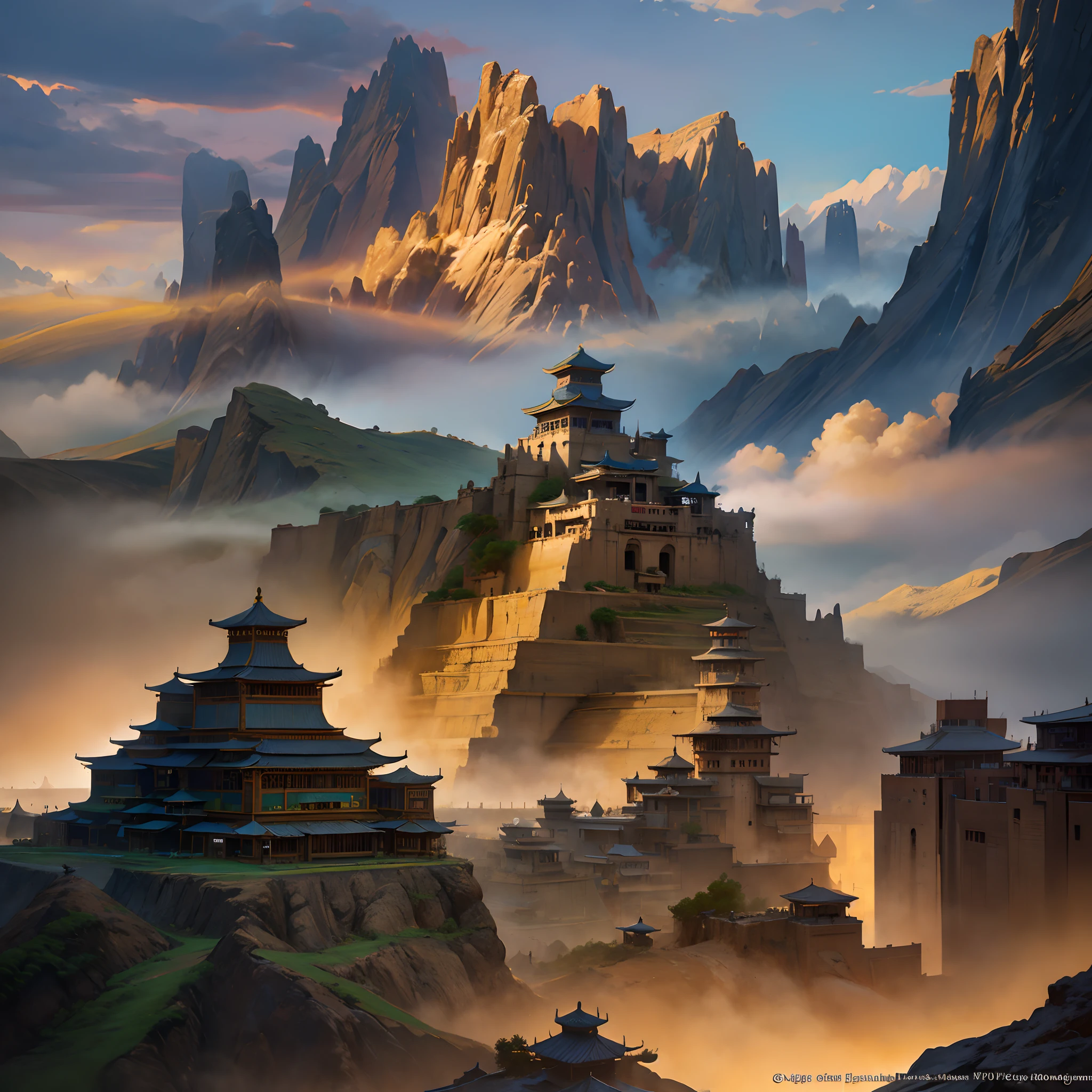 Rua Dunhuang Chen Shuguang Oi, Bela representação da Dinastia Tang, filme paisagem da Rota da Seda, paisagem da cidade antiga, inspirado em Raphael Lacoste, Estilo de Raphael Lacoste, arte conceitual pintura fosca, arte conceitual de pintura fosca, cidade antiga, pintura fosca de arte de jogo, Realismo com qualidade cinematográfica（proporcional、material、Luz）