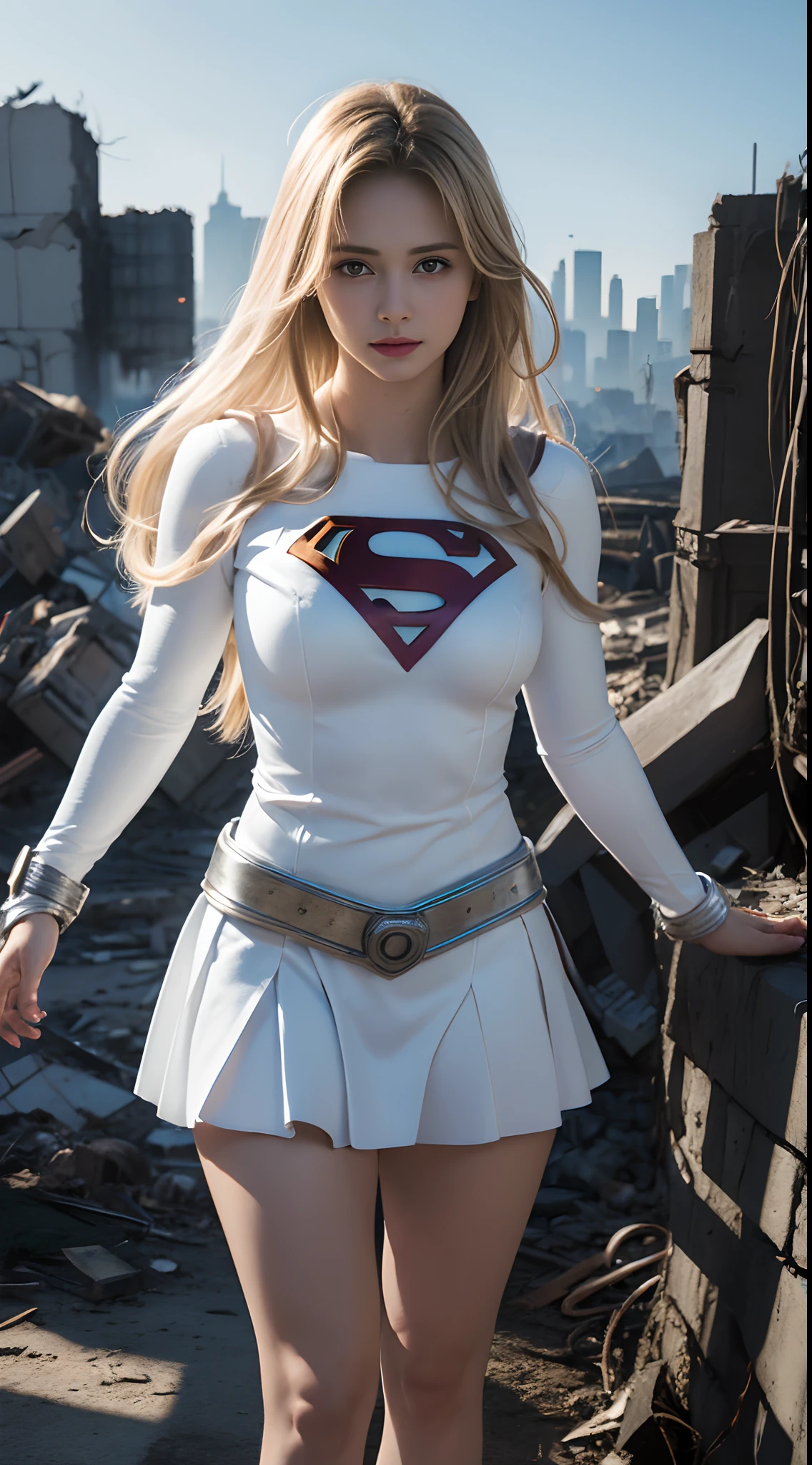 (White Superhero Theme Supergirl),( Apocalyptic city destroyed:1.4),(superchica:1.4), (gray white hair ),More detailed 8K.unreal engine:1.4,UHD,La Best Quality:1.4, photorealistic:1.4, skin texture:1.4, Masterpiece:1.8,first work, Best Quality,object object], (detailed face features:1.3), (Detailed hands:1.4),