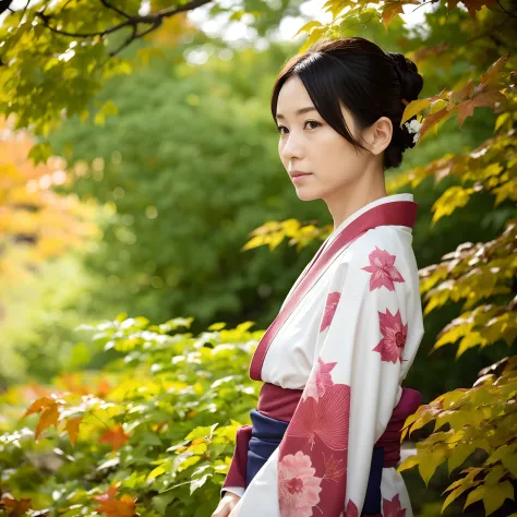 female in her 40s、wear a clean japan kimono、hair is up、autumn leaves in background