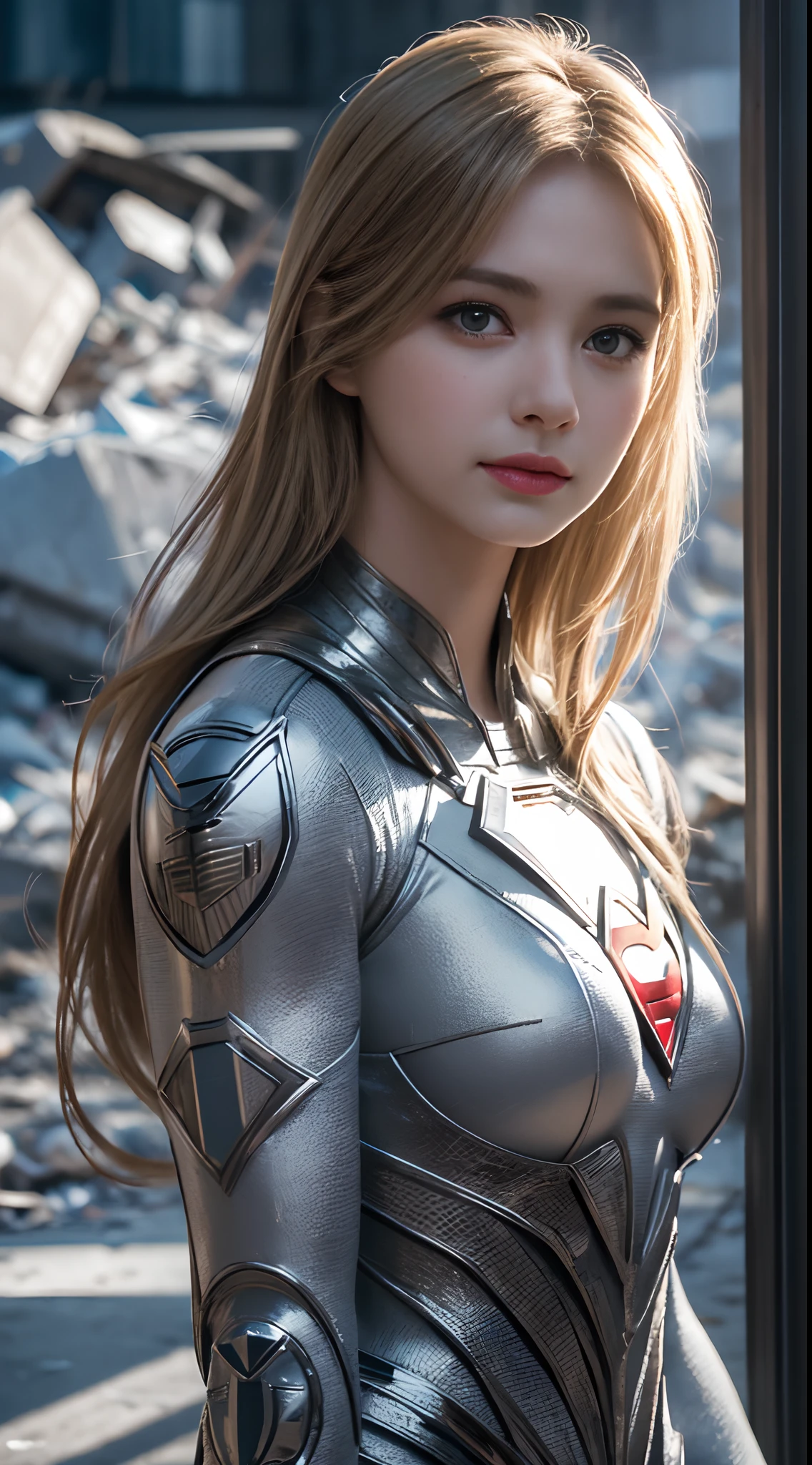 (White Superhero Theme Supergirl),( Apocalyptic city destroyed:1.4),(superchica:1.4), (gray white hair ),More detailed 8K.unreal engine:1.4,UHD,La Best Quality:1.4, photorealistic:1.4, skin texture:1.4, Masterpiece:1.8,first work, Best Quality,object object], (detailed face features:1.3), (Detailed hands:1.4),