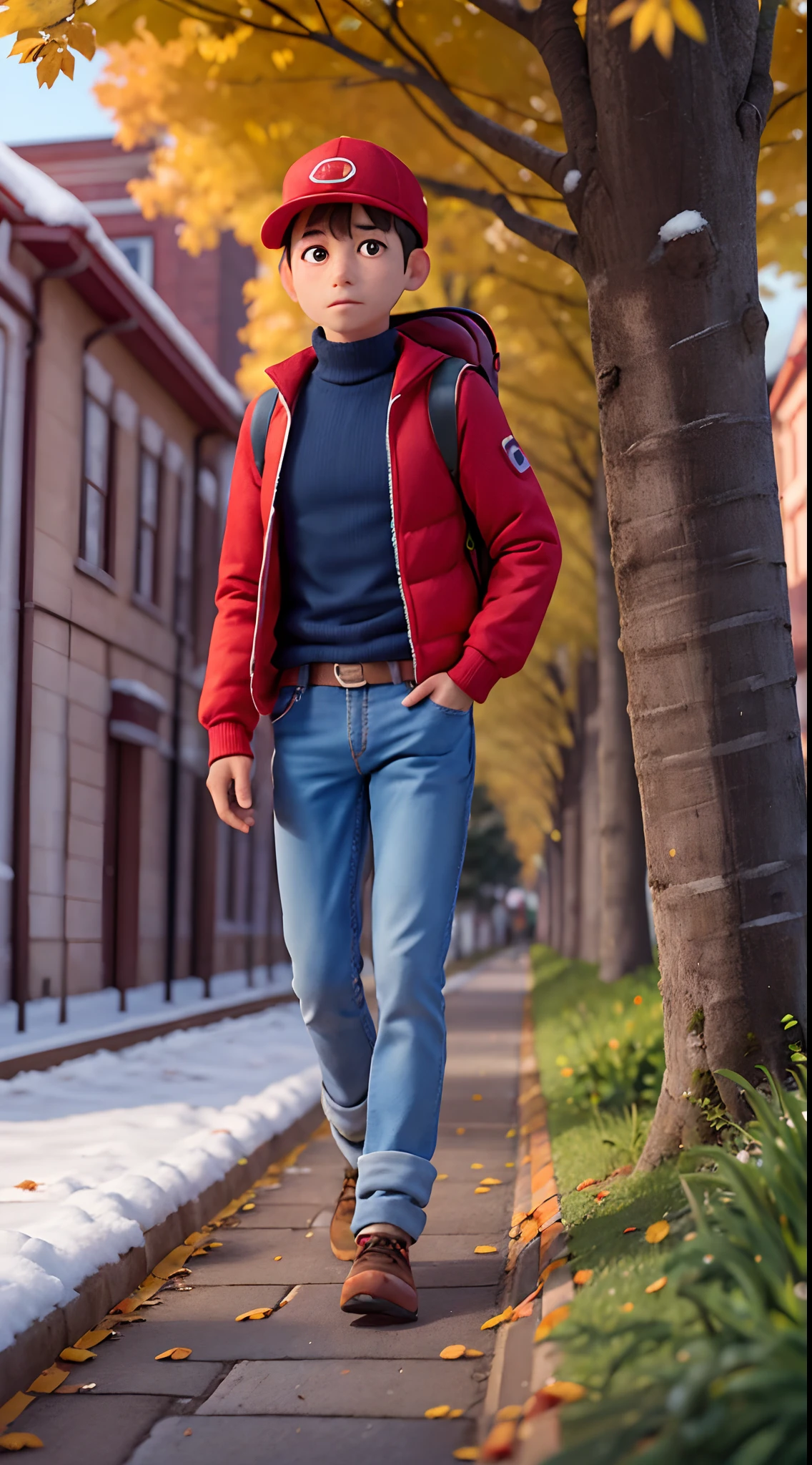 at winter season，Frost，1 wears a red duckbill cap，Wear a red long-sleeved top，blue denim pants，Handheld toolbox，Carrying a rucksack，Male engineers，engineer，Walk on city roads，On the way to work，Frost on the leaves of the tree，icing，nevando，yuki