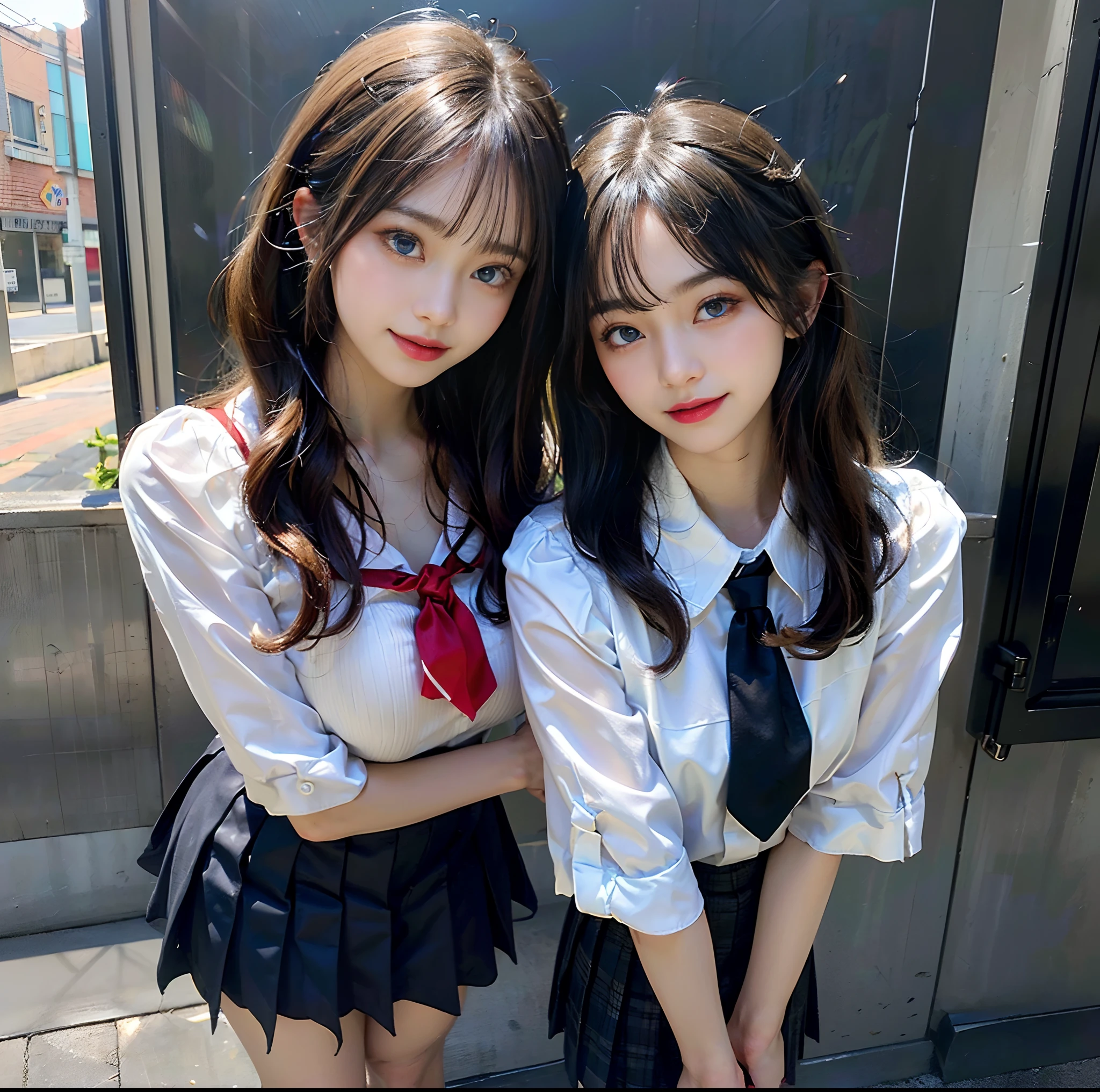 Two asian girls in school uniforms posing for a picture - SeaArt AI