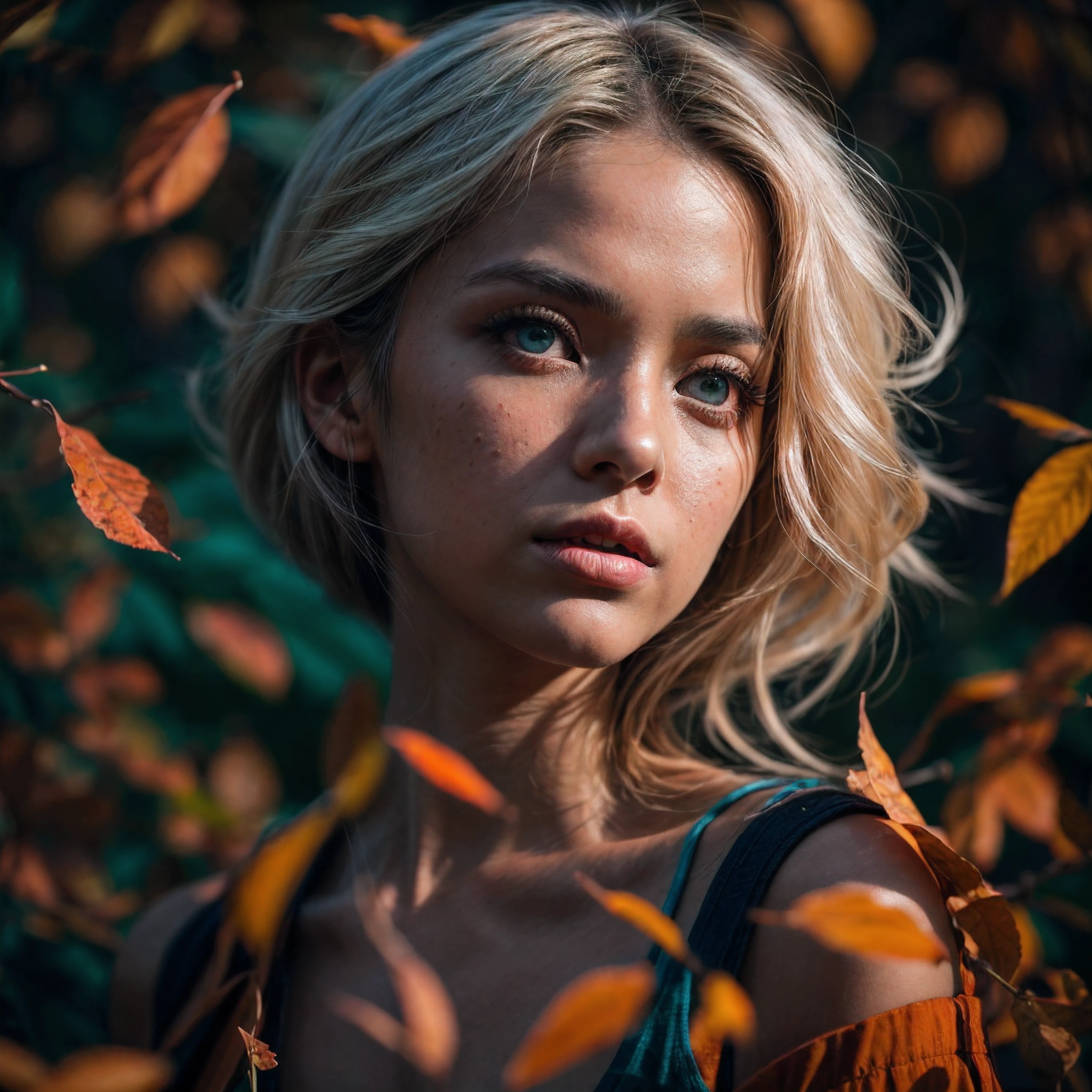(Cinematic Silhouette of an adult female against an orange backdrop), (falling turquoise leaves around her:1.1), voluminous white hair highlighted, calm expression profiled, (small breasts, orange top off shoulders), freckled skin, the photograph captured in stunning 8k resolution and raw format to preserve the highest quality of details, (her eyes are portrayed with meticulous attention to detail: 1.3), The photograph is taken with a lens that emphasizes the depth in her eyes, the backdrop is a dark room setting that enhances the colours of the scene. The lighting and shadows are expertly crafted to bring out the richness of her skin tone and the intense atmosphere. Her hair adds contrast against her skin, the overall composition captures her essence with authenticity and grace, creating a portrait that celebrates her heritage and beauty. Photography utilizing the best techniques for shadow and lighting, to create a mesmerizing portrayal that transcends the visual,