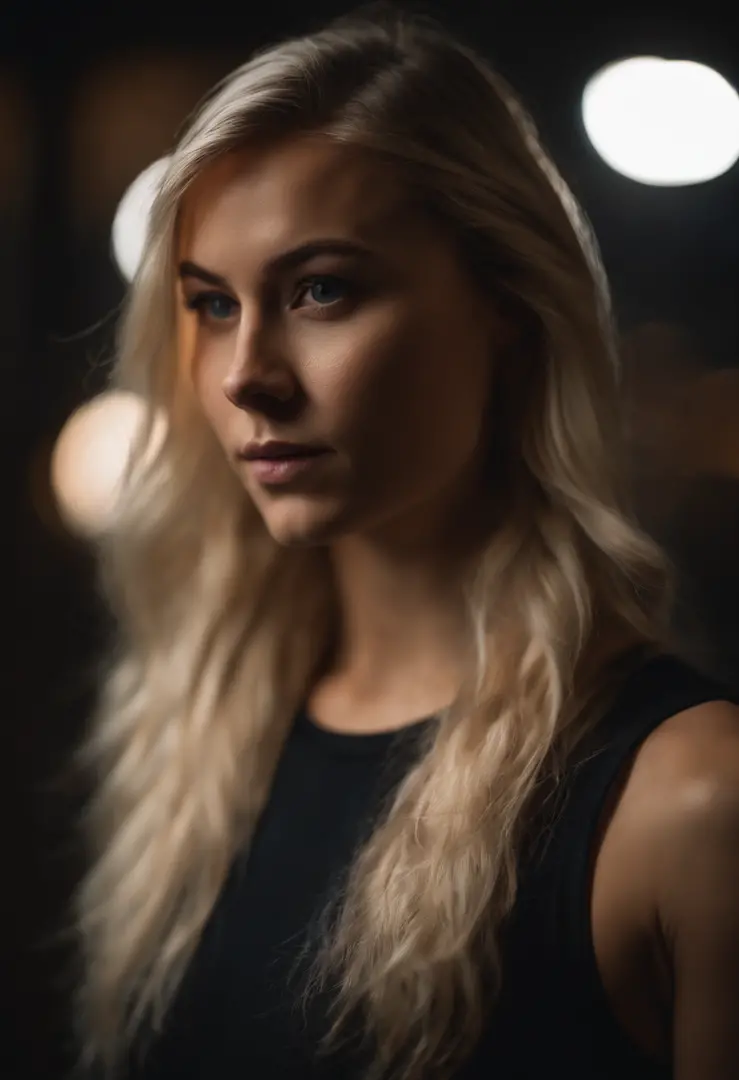Blonde woman making eye contact with tuft of hair and dark theme 13 years old ,Russian, Fitness, athletic physique, photographed on a Canon EOS R5, 50mm lens, f/2.8, NFFSV, (8K) (wallpapers) (Cinematic lighting) (dramatic  lighting) (sharp-focus),photograp...