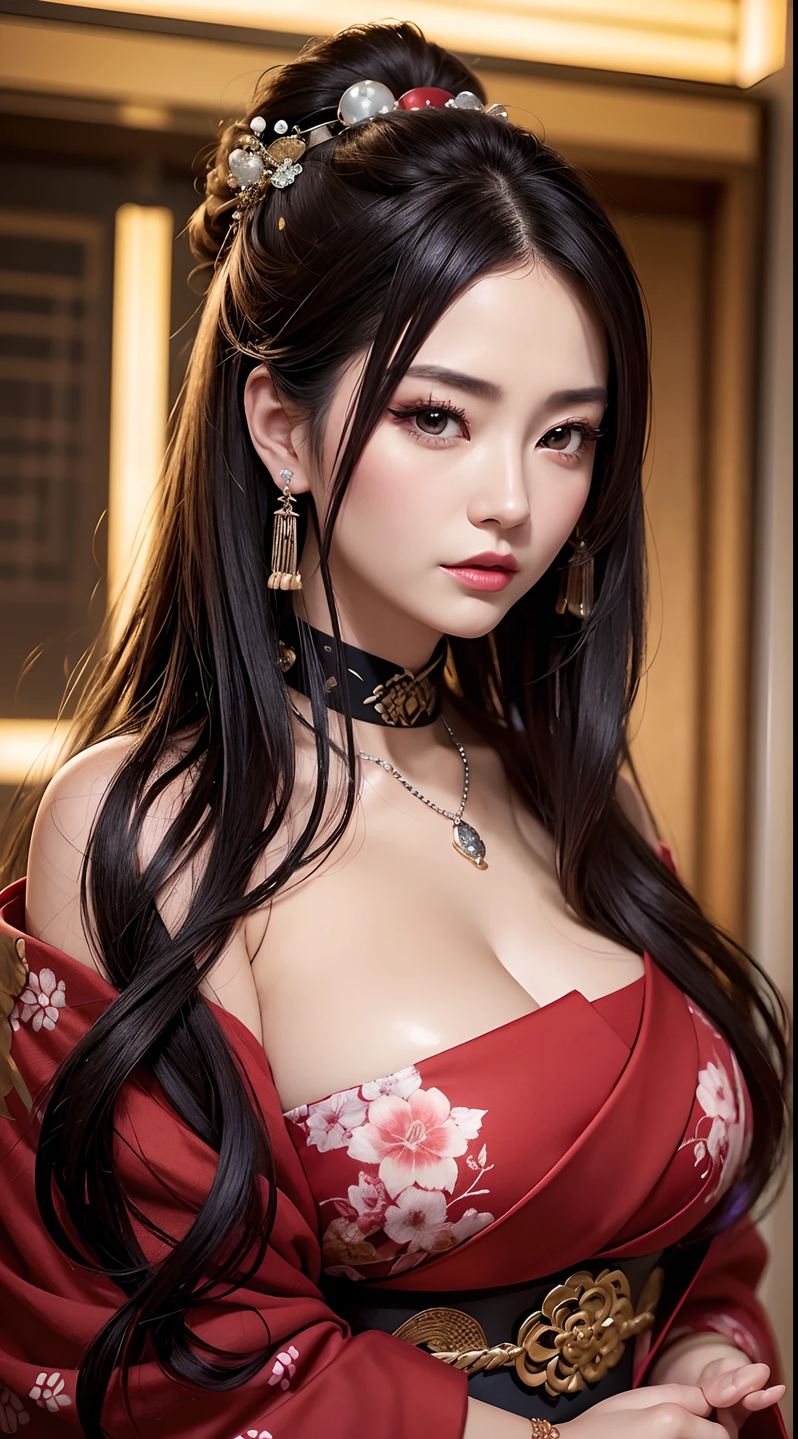 (hyper realstic)、Modern Oiran、(Female Ninja of the 21st Century)､Beautie　　high-level image quality　hight resolution　(Realistic)　Shorthair､Woman with dark hair、A MILF、Middle-aged woman、Big big、Detailed red-black 、detailed skin textures、超A high resolution、Realistic、Voluptuous body shape、angry looking face、Middle-aged beauty、Beautiful expression、With detailed red-black areola 、detailed brown eyes、long fluffy hair、Kamimei、Very delicate and detailed skin texture、35 years old、{There is a helipad at night((Being on the roof of a skyscraper))}、Modern Oiran、Large cleavage、Large open neckline、bright red lips、Wearing gorgeous clothes, Luxurious and luxurious kimono、ear ornament、Silver collar and necklace、gorgeous hair decoration、