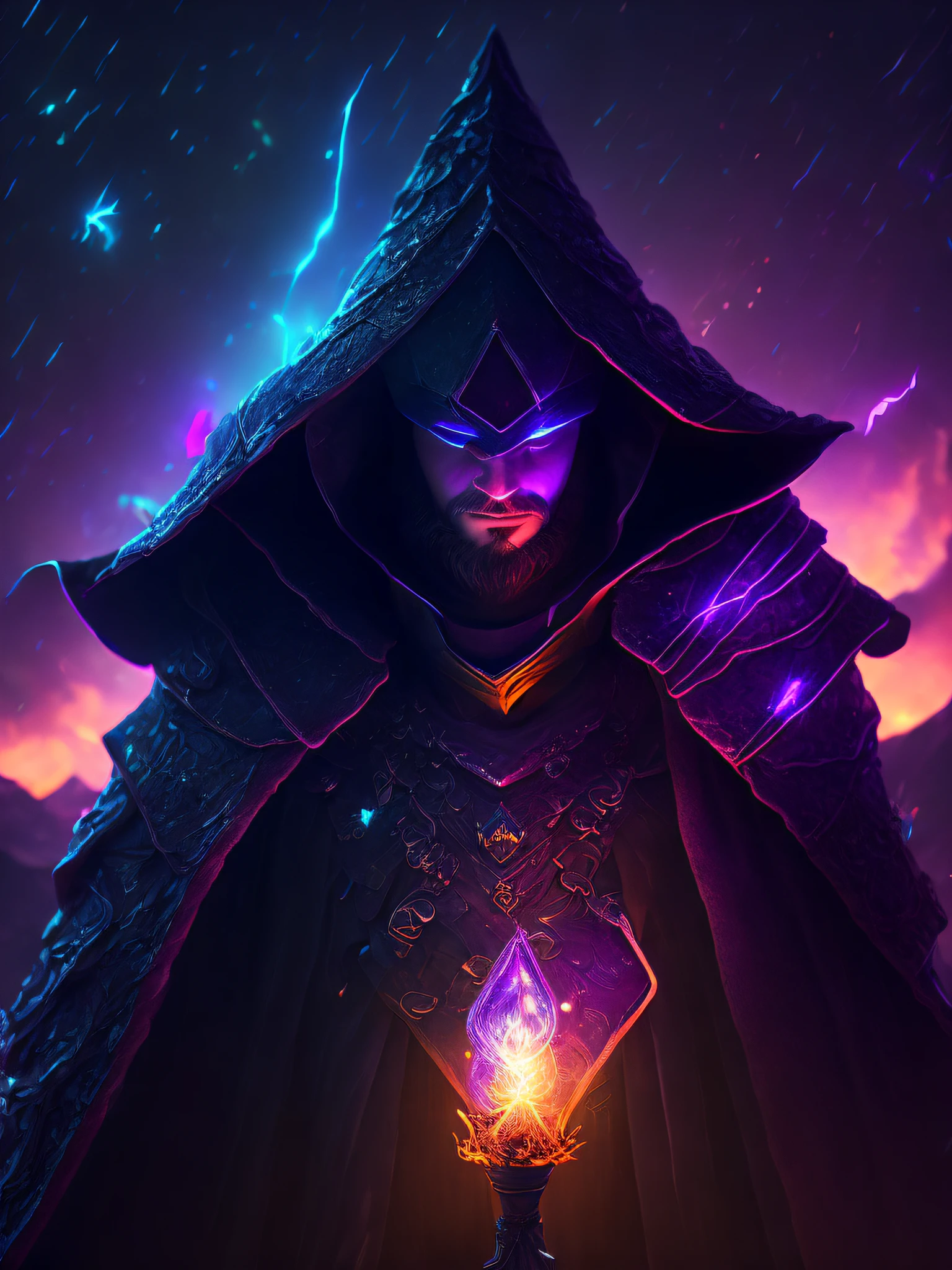 A High Mage with a very large wizard's hat that covers part of his face, Angry face with neon flash lit eyes, holding his crystal staff, full black long clothing and cloak, full black clothing, emanating an extremely dark aura, Body full length, FULL BLACK, {extremely detailed 8k CG unit wallpaper}, expansive landscape photography, (a low view focusing on character and setting), (wide open field view), (low angle shot ), (high light: 1.0), (low light: 1.6), (warm light source: 1.2), complex details, (iridescent colors: 1.8), (bright lighting), (atmospheric lighting), dreamy, magical, surrealistic