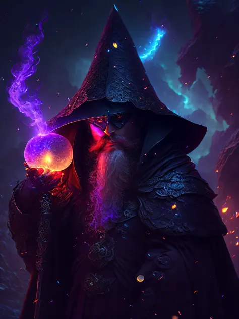 A High Mage with a very large wizard's hat that covers part of his face, Angry face with neon flash lit eyes, holding his crysta...