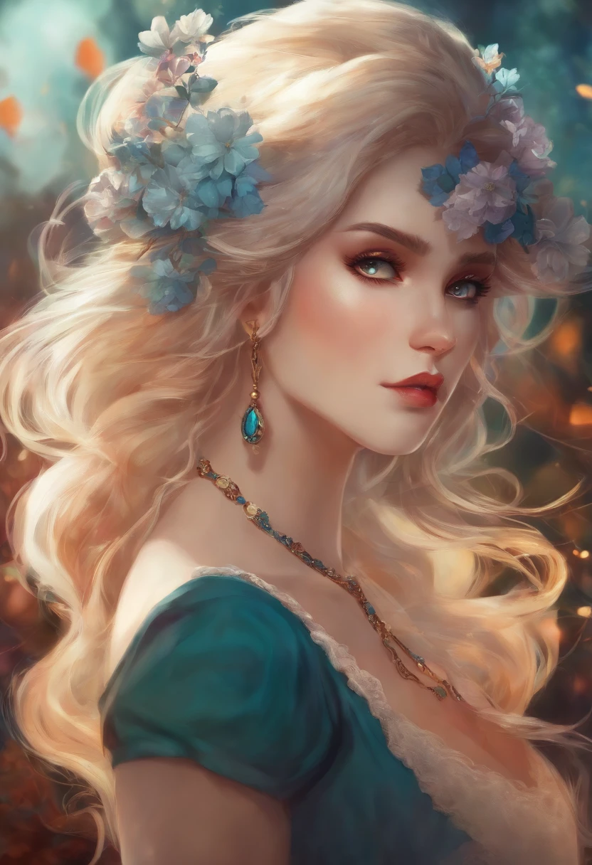 A woman with long blonde hair and blue dress with flowers in her hair -  SeaArt AI