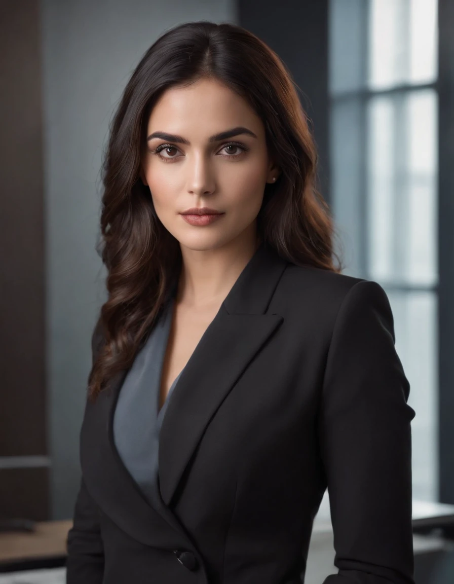 A woman in a black suit standing in an office - SeaArt AI